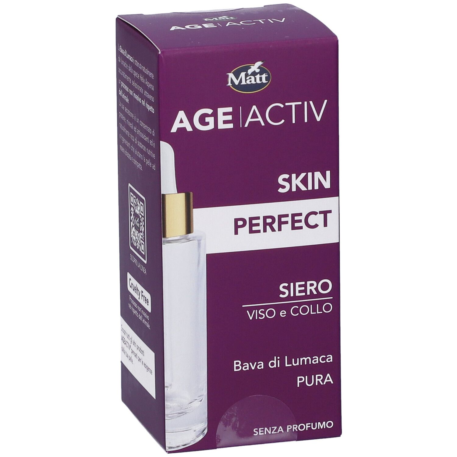 Matt Age Activ Skin Perfect Siero Viso e Collo, flaconcino da 30ml con contagocce e scatola viola.
