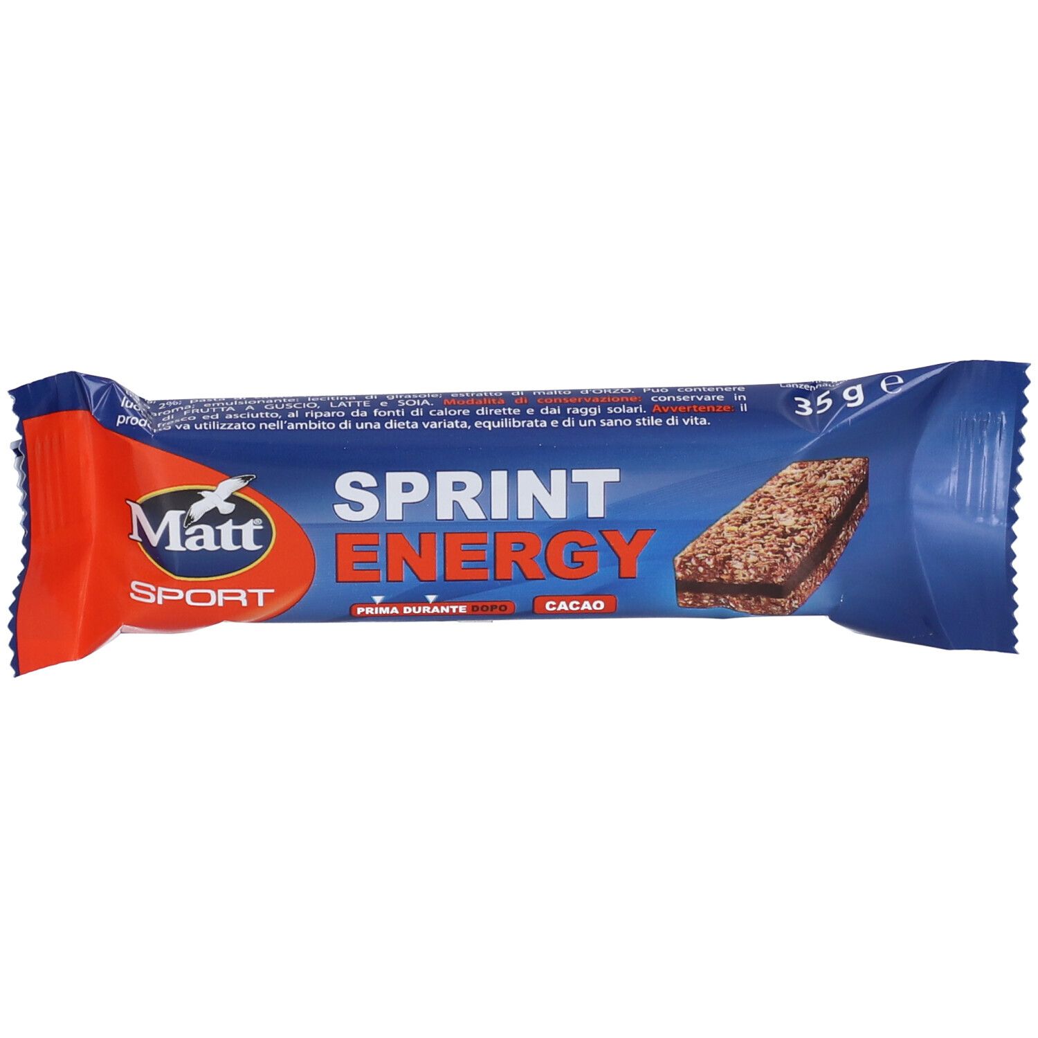 Barretta energetica Matt Sport in confezione blu. Scritta: Sprint Energy, Cacao. Peso: 35 g. Vista dall'alto del prodotto.