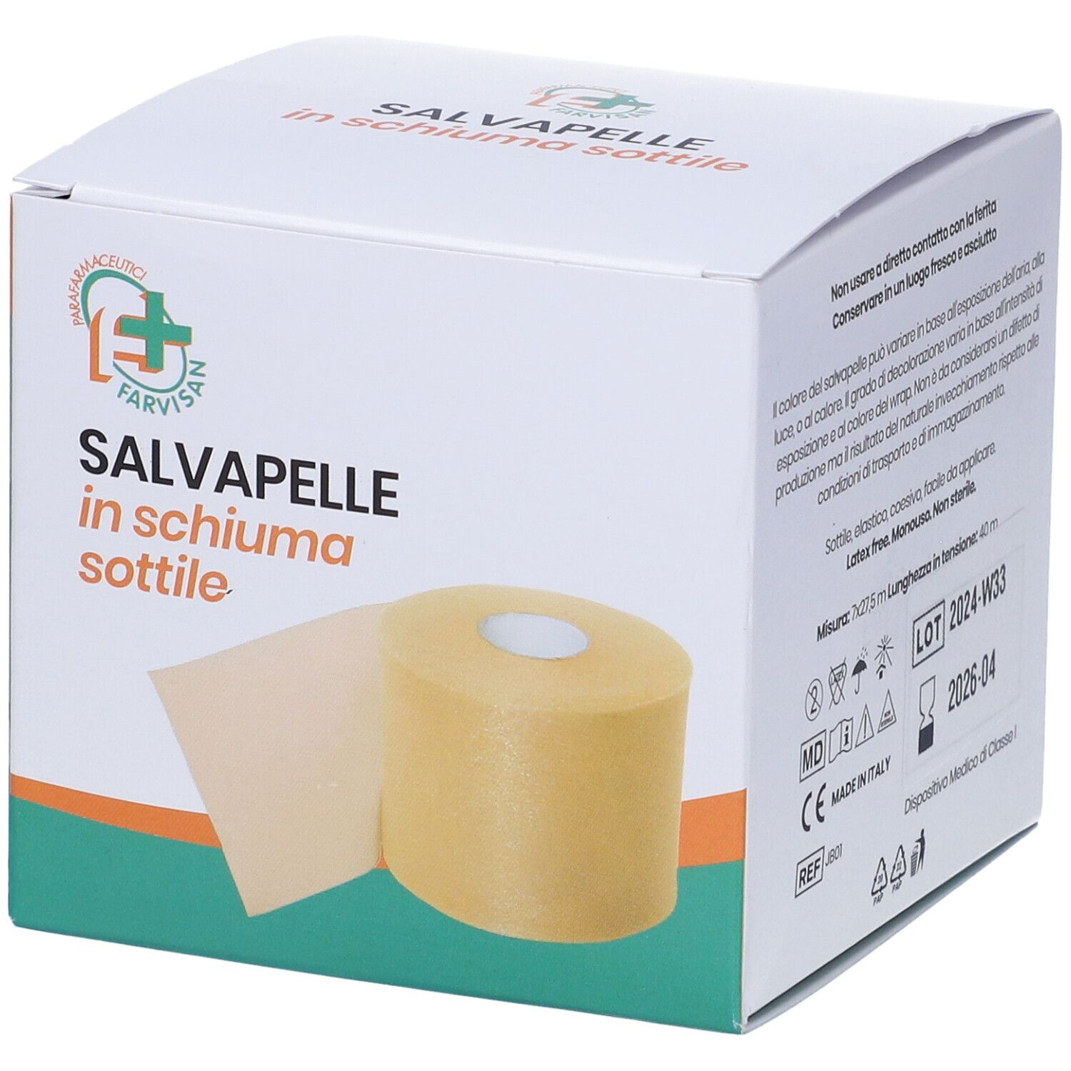 Confezione di SALVAPELLE in schiuma sottile. Rotolo di materiale beige con anima bianca. Marchio FARVISAN.