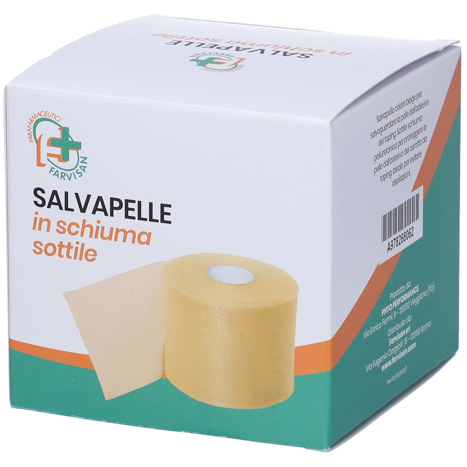 Confezione di SALVAPELLE in schiuma sottile. Rotolo di materiale beige con anima bianca. Marchio FARVISAN.