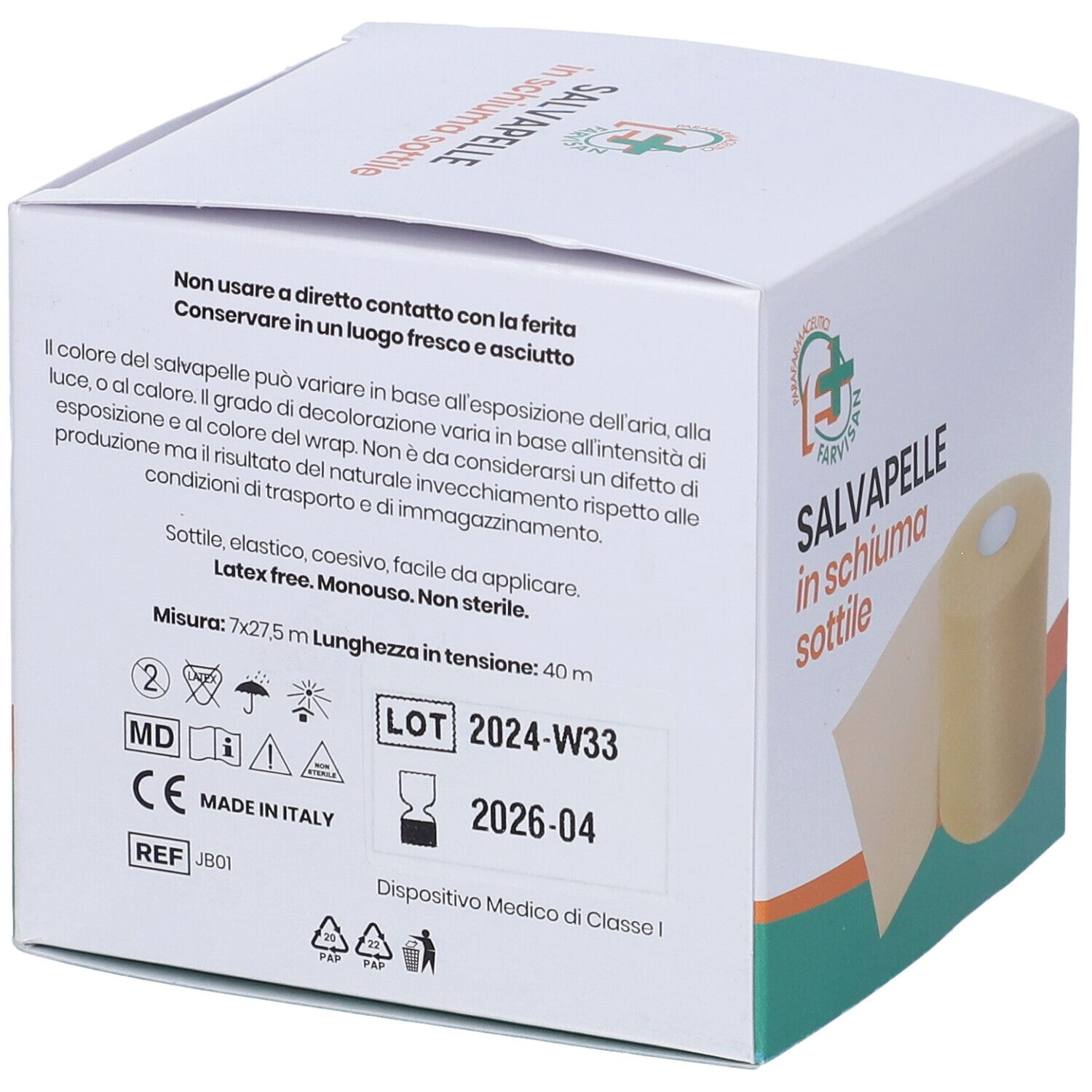 Confezione con informazioni sul prodotto. Testo in italiano. Dispositivo medico di classe I. Dimensione 7x27,5 m. Marchio FARVISAN.