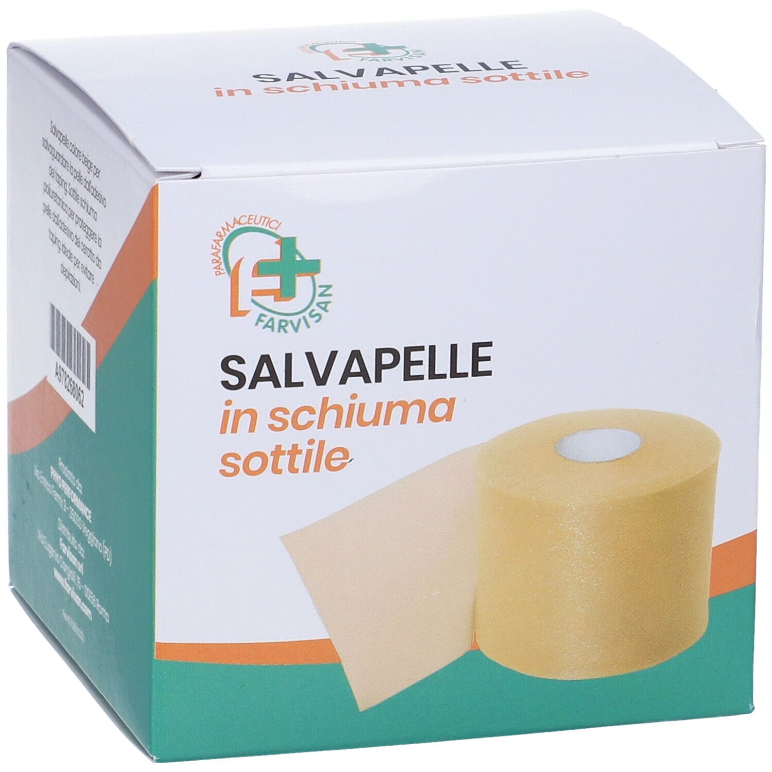 Confezione di SALVAPELLE in schiuma sottile. Rotolo di materiale beige con anima bianca. Marchio FARVISAN.