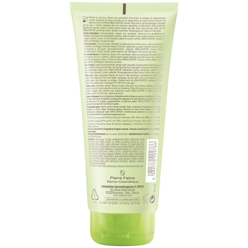 Retro del tubo verde. Testo multilingue. Produttore: Pierre Fabre. Simbolo di riciclaggio.