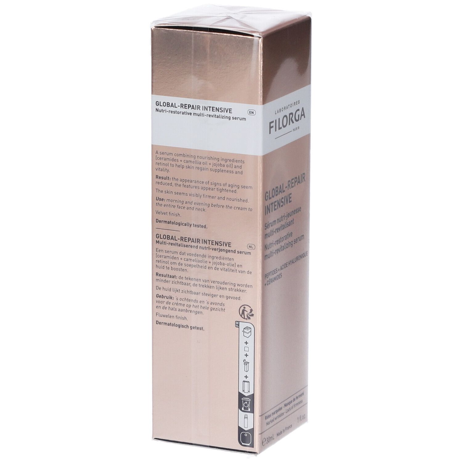 Retro della confezione del siero FILORGA Global-Repair Intensives. Testo multilingue. Dermatologicamente testato.