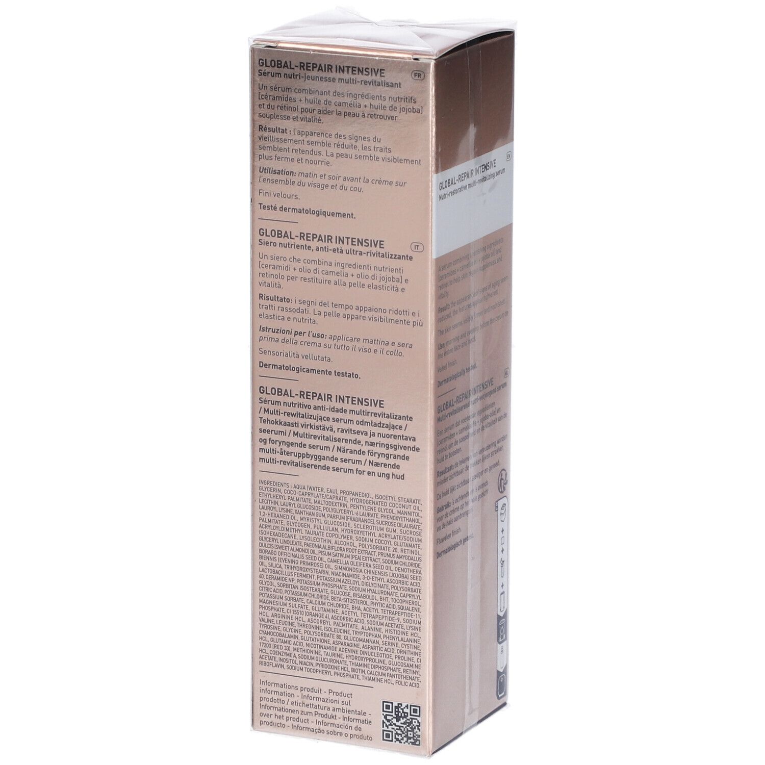 Lato della confezione del siero FILORGA Global-Repair Intensives. Testo multilingue. Codice QR.