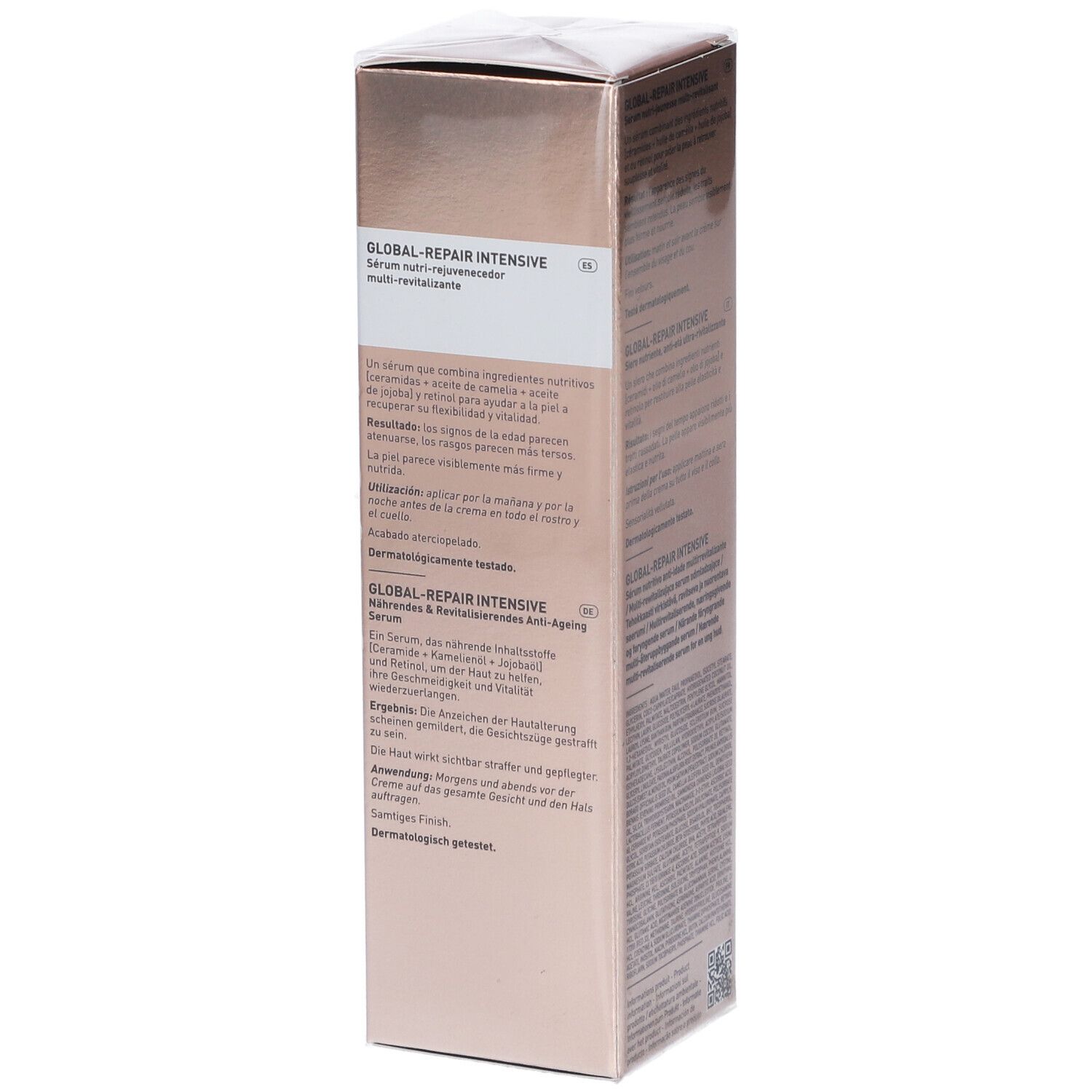 Lato della confezione del siero FILORGA Global-Repair Intensives. Testo multilingue. Dermatologicamente testato.