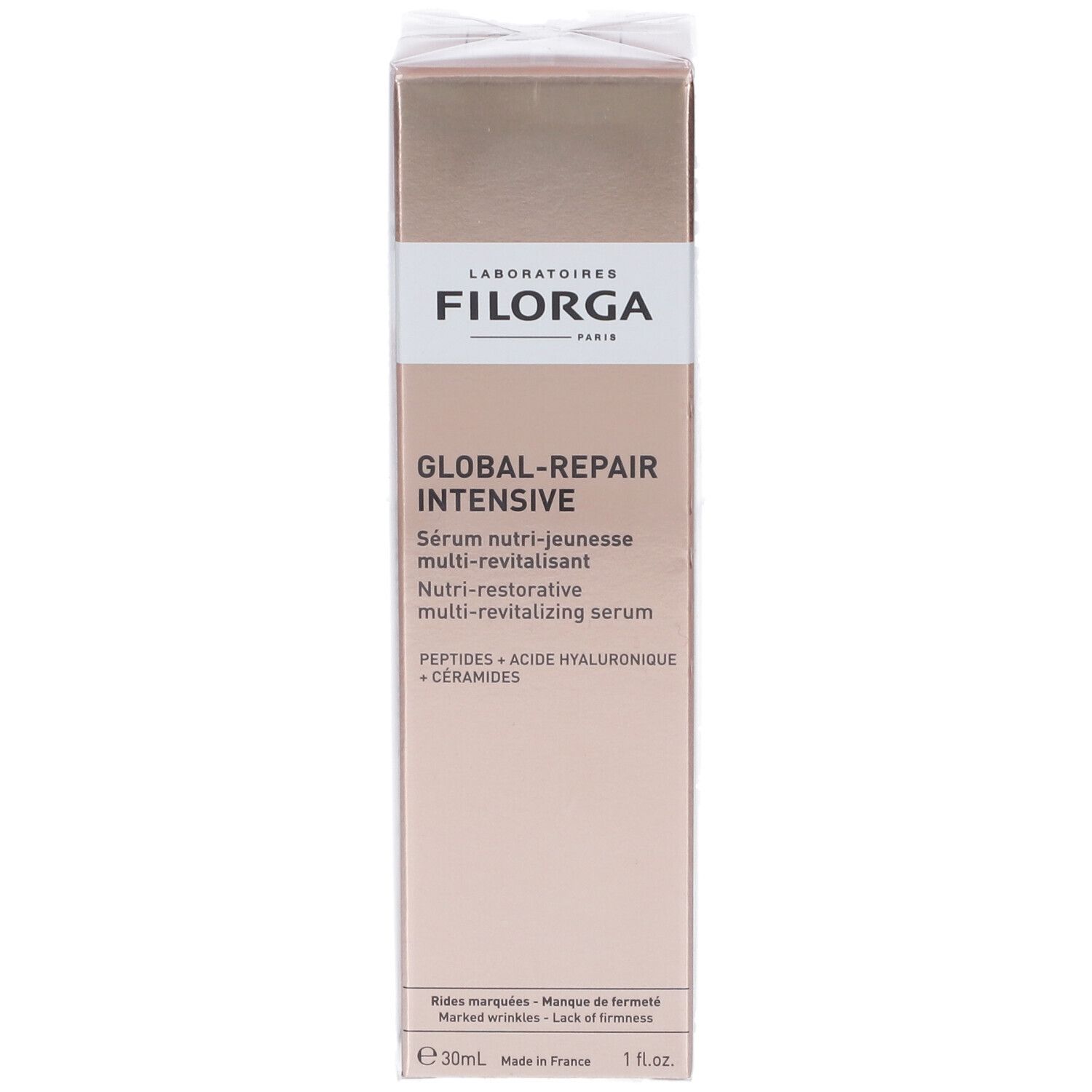 Fronte della confezione del siero FILORGA Global-Repair Intensives. Scatola dorata con nome e ingredienti. 30ml.