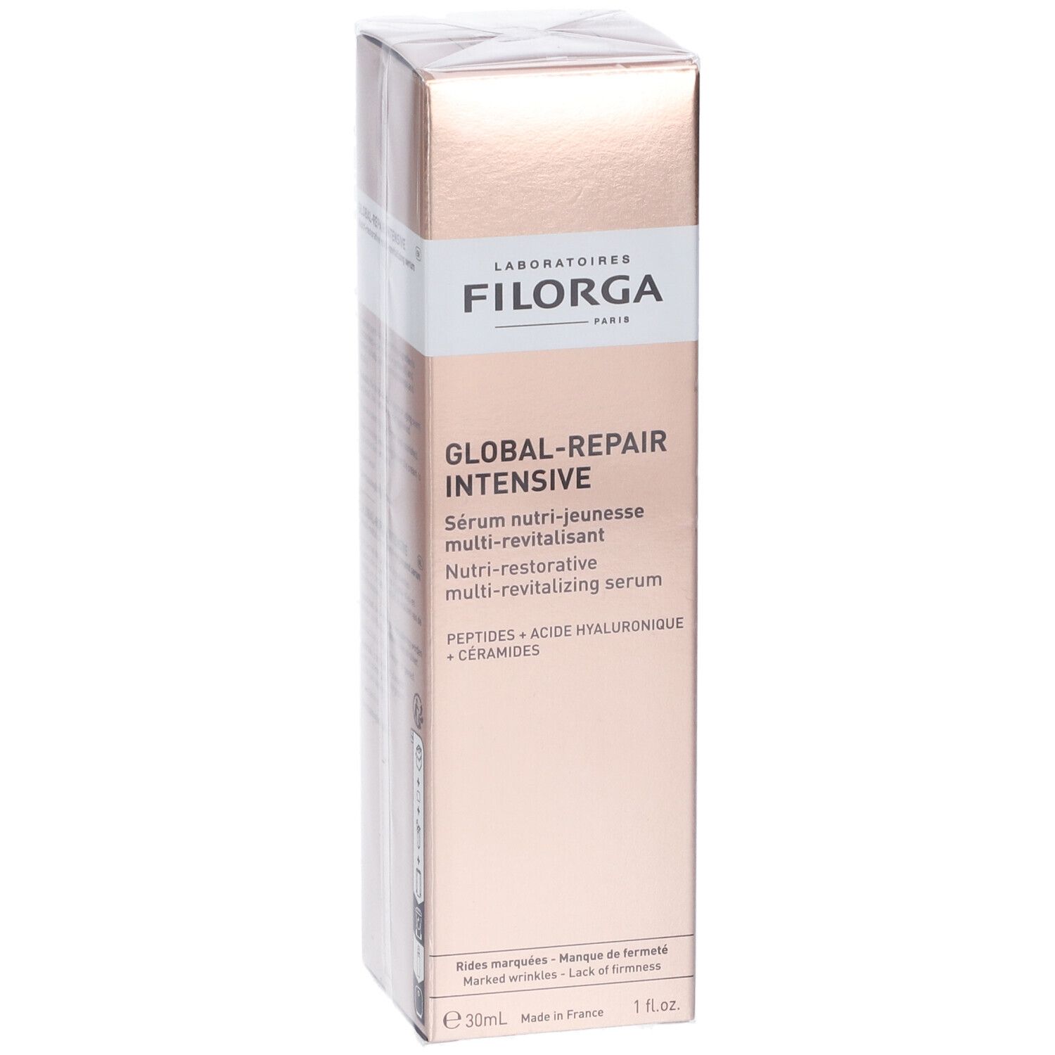 Fronte della confezione del siero FILORGA Global-Repair Intensives. Scatola dorata con nome e ingredienti. 30ml.