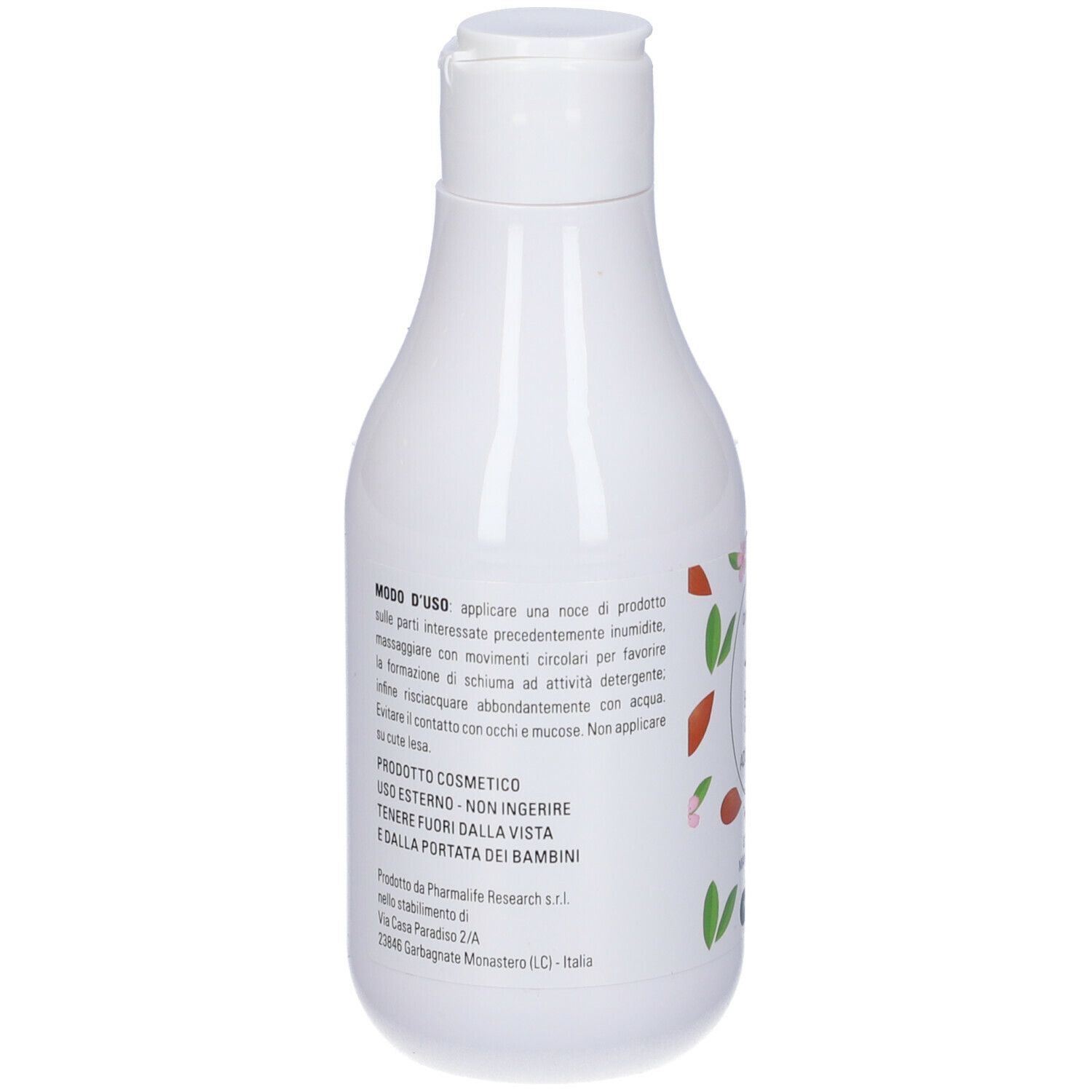 Retro di una bottiglia bianca. Testo: Modo d'uso, ingredienti, cosmetico, tenere fuori dalla portata dei bambini. Indirizzo del produttore.