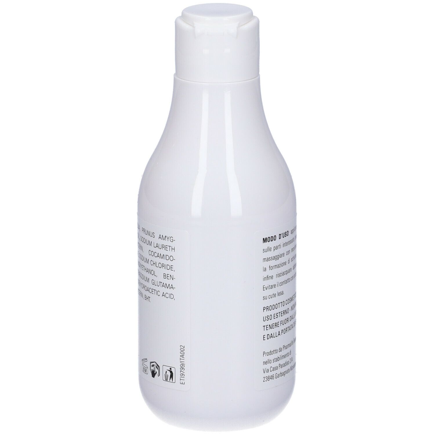 Retro di una bottiglia bianca. Testo: Ingredienti, Modo d'uso, cosmetico, indirizzo del produttore.