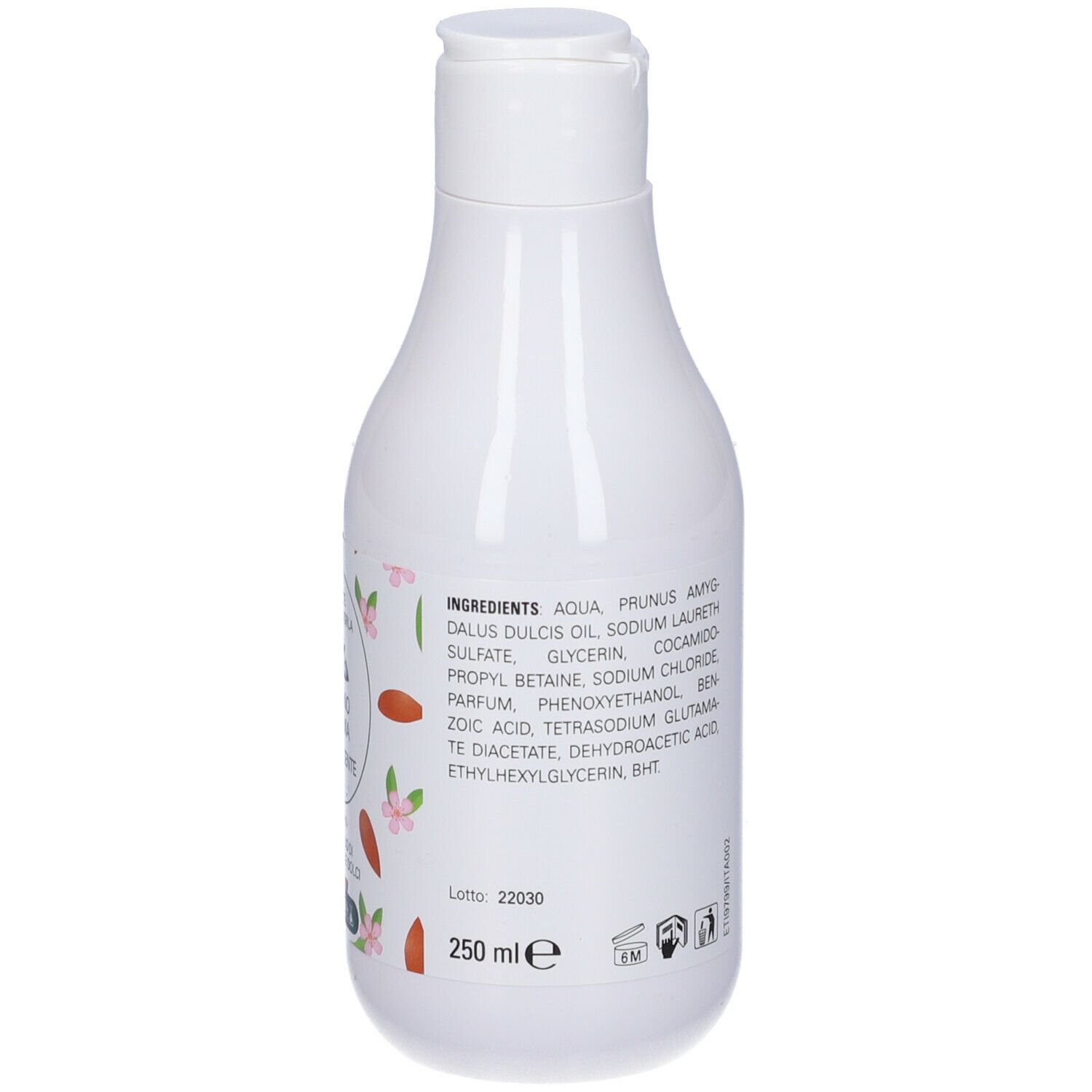 Bottiglia bianca. Testo: Ingredienti, numero di lotto, 250 ml. Scritta: Latte di Mandorla Bagno Crema Addolcente. Marchio Pharmalife.