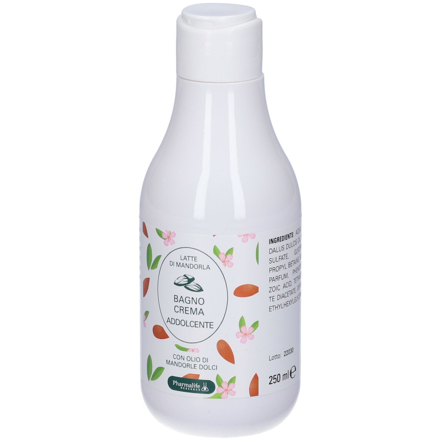 Bottiglia bianca con etichetta. Scritta: Latte di Mandorla Bagno Crema Addolcente. Con olio di Mandarola. Marchio Pharmalife. 250 ml.
