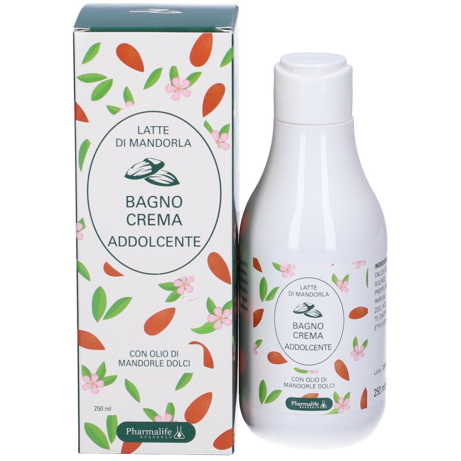 Prodotto e confezione. Bottiglia bianca e scatola. Scritta: Latte di Mandorla Bagno Crema Addolcente. Marchio Pharmalife.