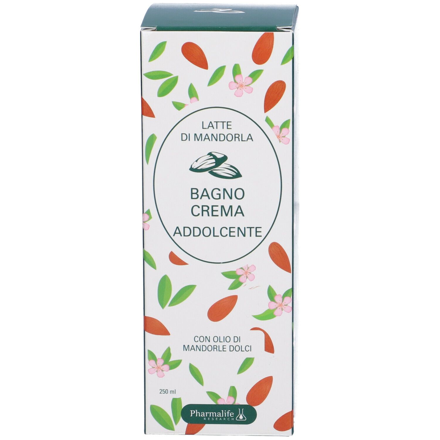Scatola. Scritta: Latte di Mandorla Bagno Crema Addolcente. Con olio di Mandarola. Marchio Pharmalife. 250 ml.