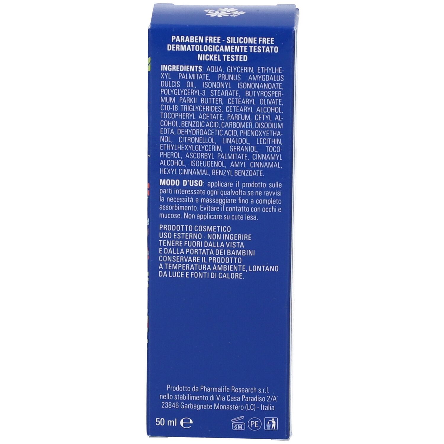 Retro della scatola. Testo: Ingredienti, modo d'uso. Marchio Pharmalife.