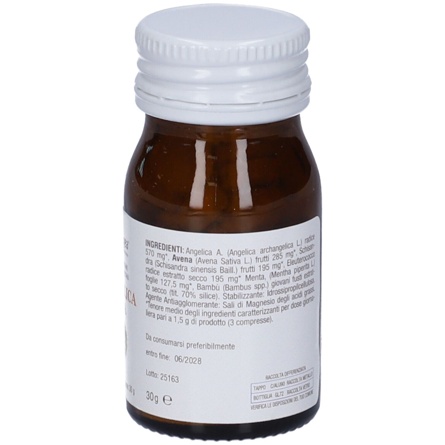 Flacone di vetro marrone con tappo bianco. Etichetta con ingredienti e logo. 60 compresse.