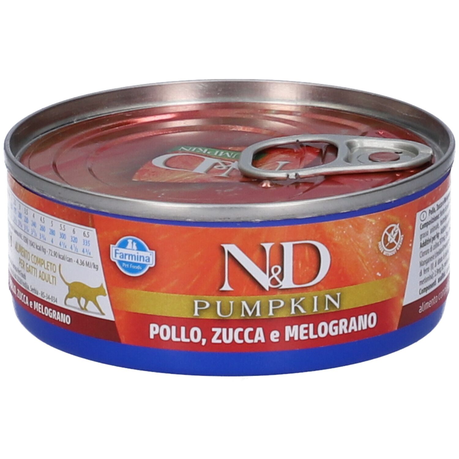 Lattina rotonda di cibo per animali con stampa. Sfondo arancione, elementi blu e rossi. Scritta: N&D Pumpkin, Pollo, Zucca e Melograno.