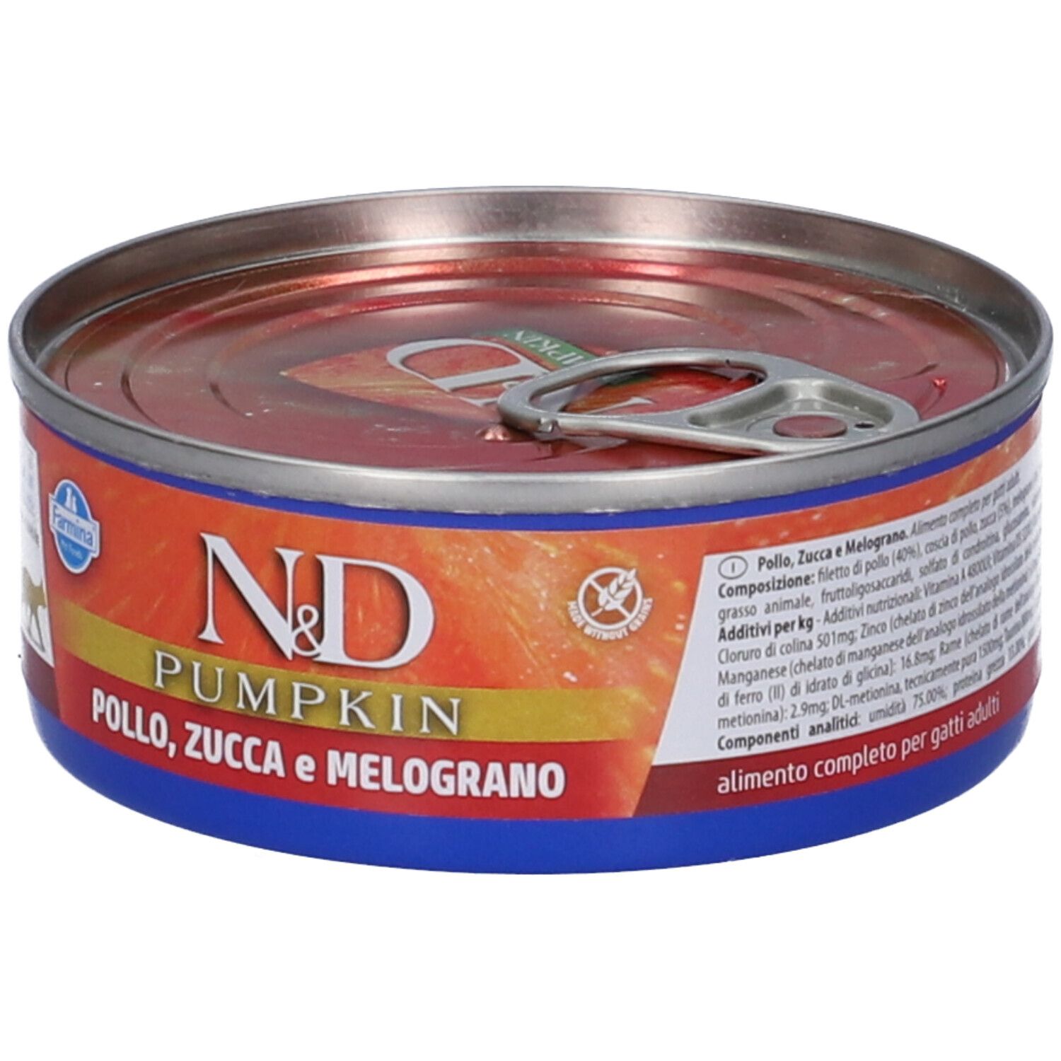 Lattina rotonda di cibo per animali con stampa. Sfondo arancione, elementi blu e rossi. Scritta: N&D Pumpkin, Pollo, Zucca e Melograno.