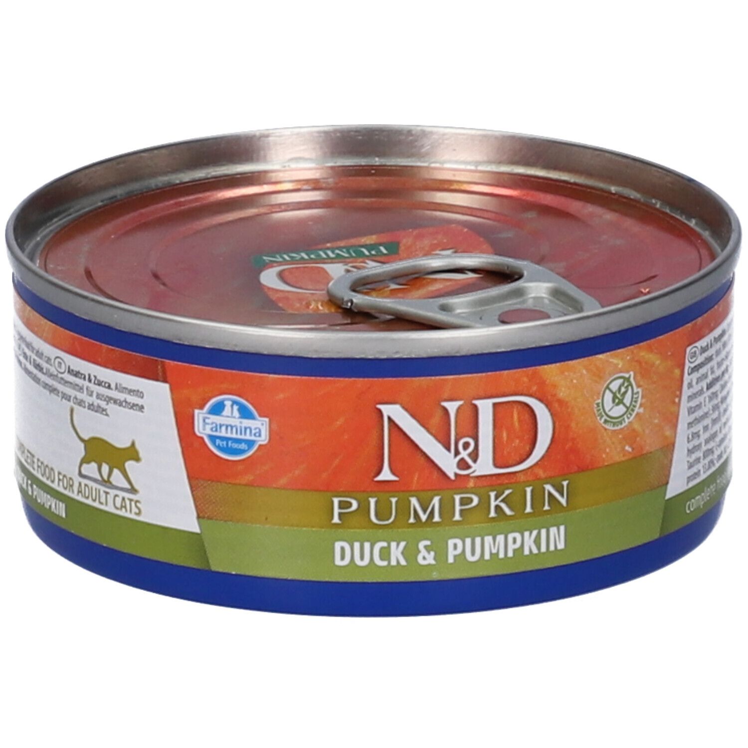 Lattina rotonda di cibo umido per gatti. Scritta: N&D Pumpkin, Anatra & Zucca. Logo Farmina. Strisce verdi e arancioni.