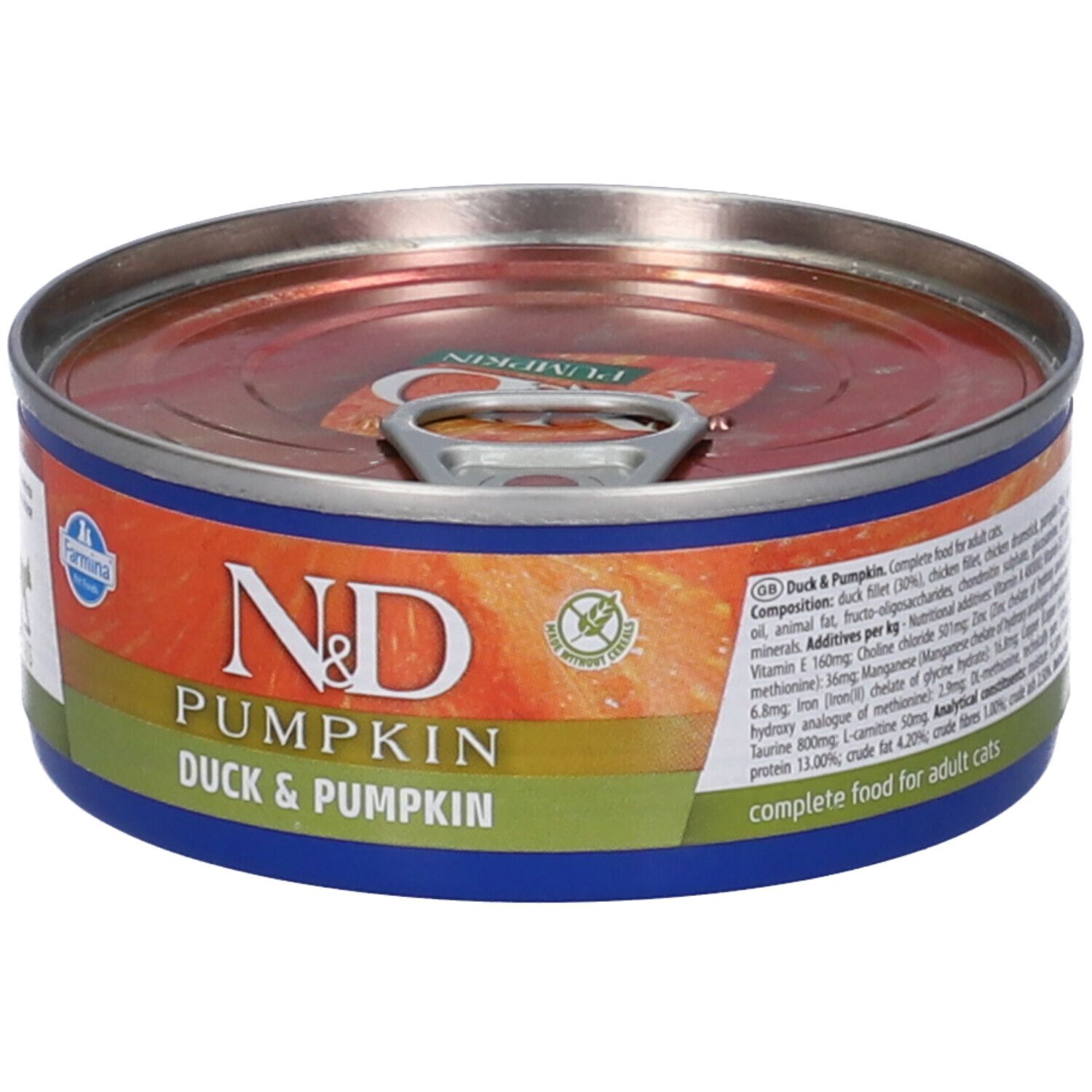 Lattina rotonda di cibo umido per gatti. Scritta: N&D Pumpkin, Anatra & Zucca. Logo Farmina. Elenco ingredienti e informazioni nutrizionali.