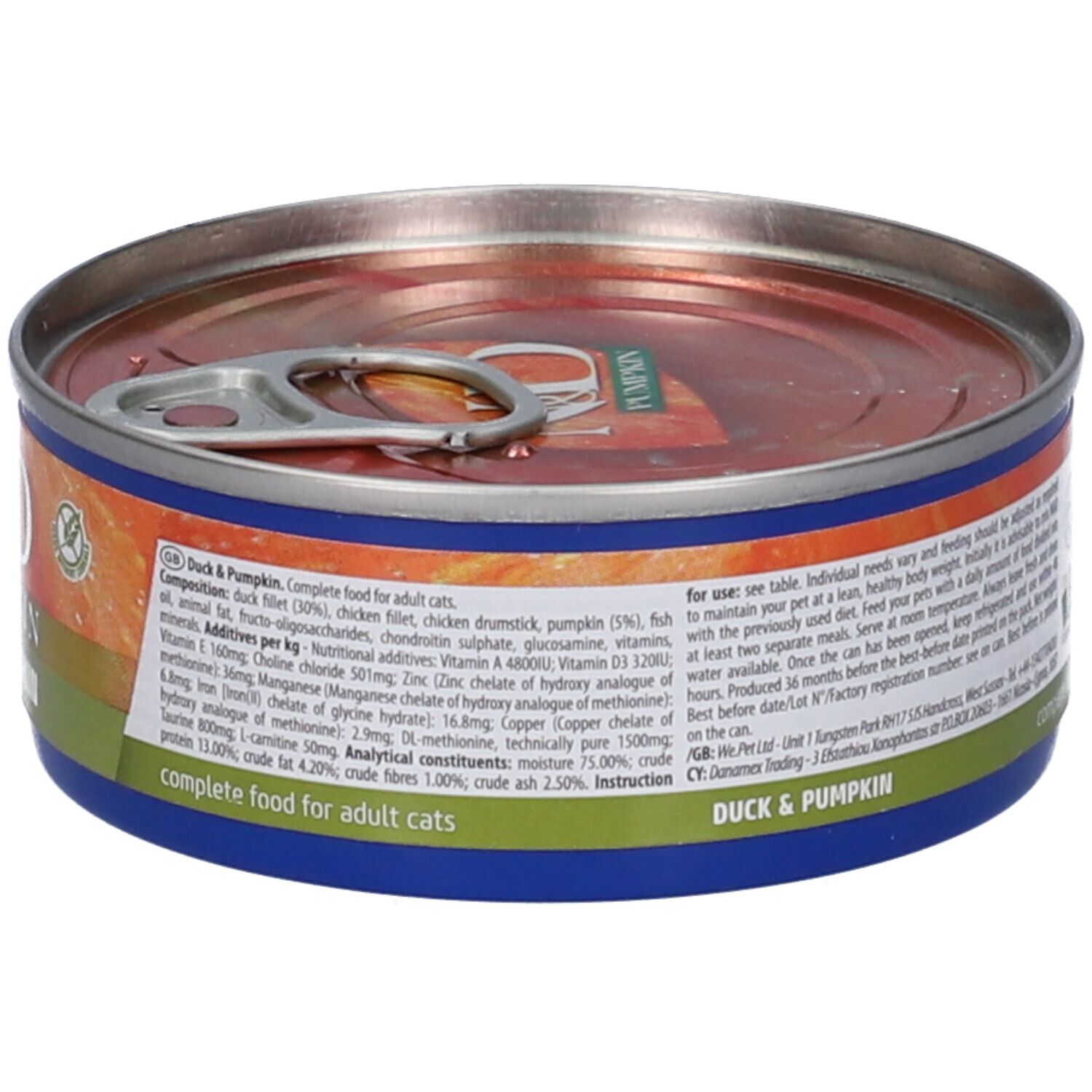 Lattina rotonda di cibo umido per gatti. Scritta: N&D Pumpkin, Anatra & Zucca. Elenco ingredienti e informazioni nutrizionali. Testo e logo Farmina.