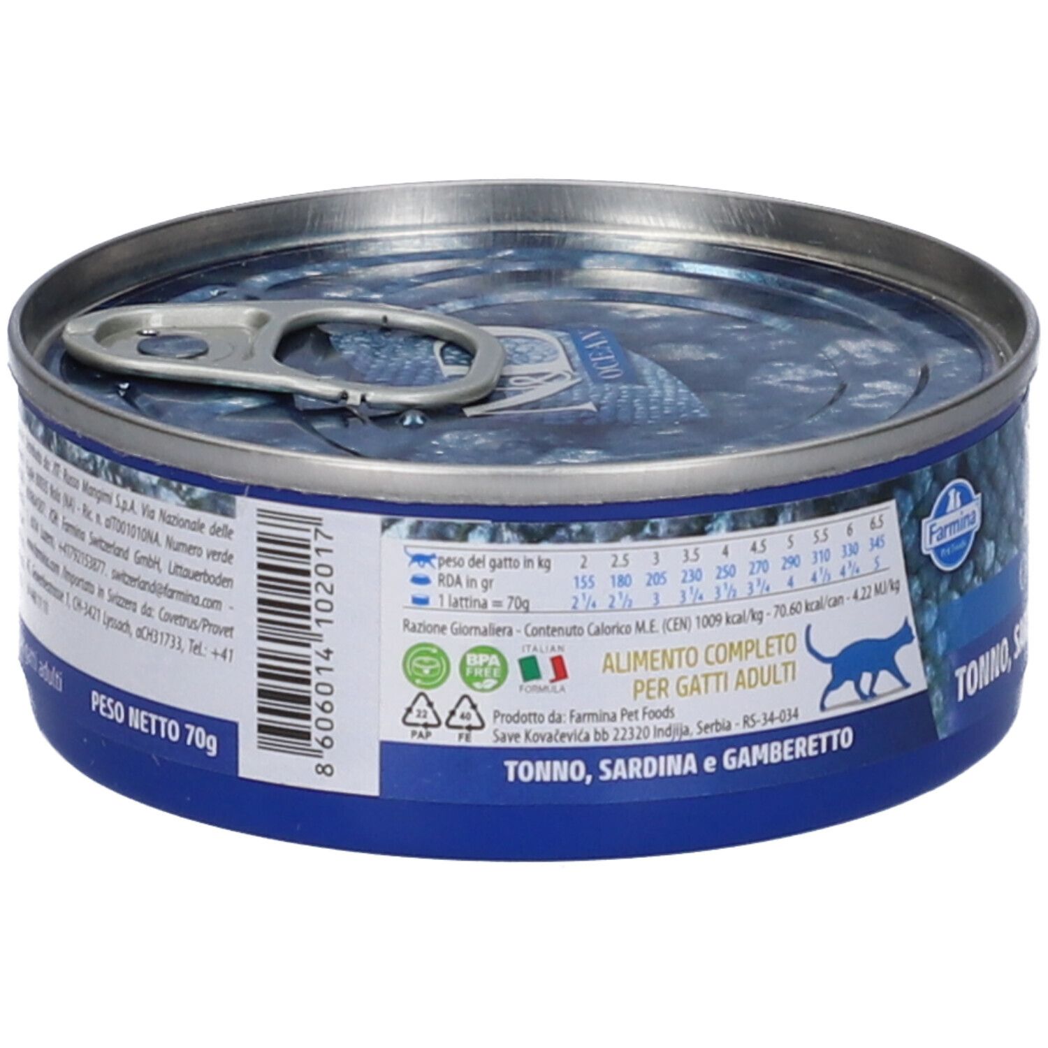 Lattina di cibo umido con etichetta. Testo: Peso Netto 70g. Scritta: Tonno, Sardina e Gamberetto. Logo Farmina. Testo e informazioni nutrizionali.