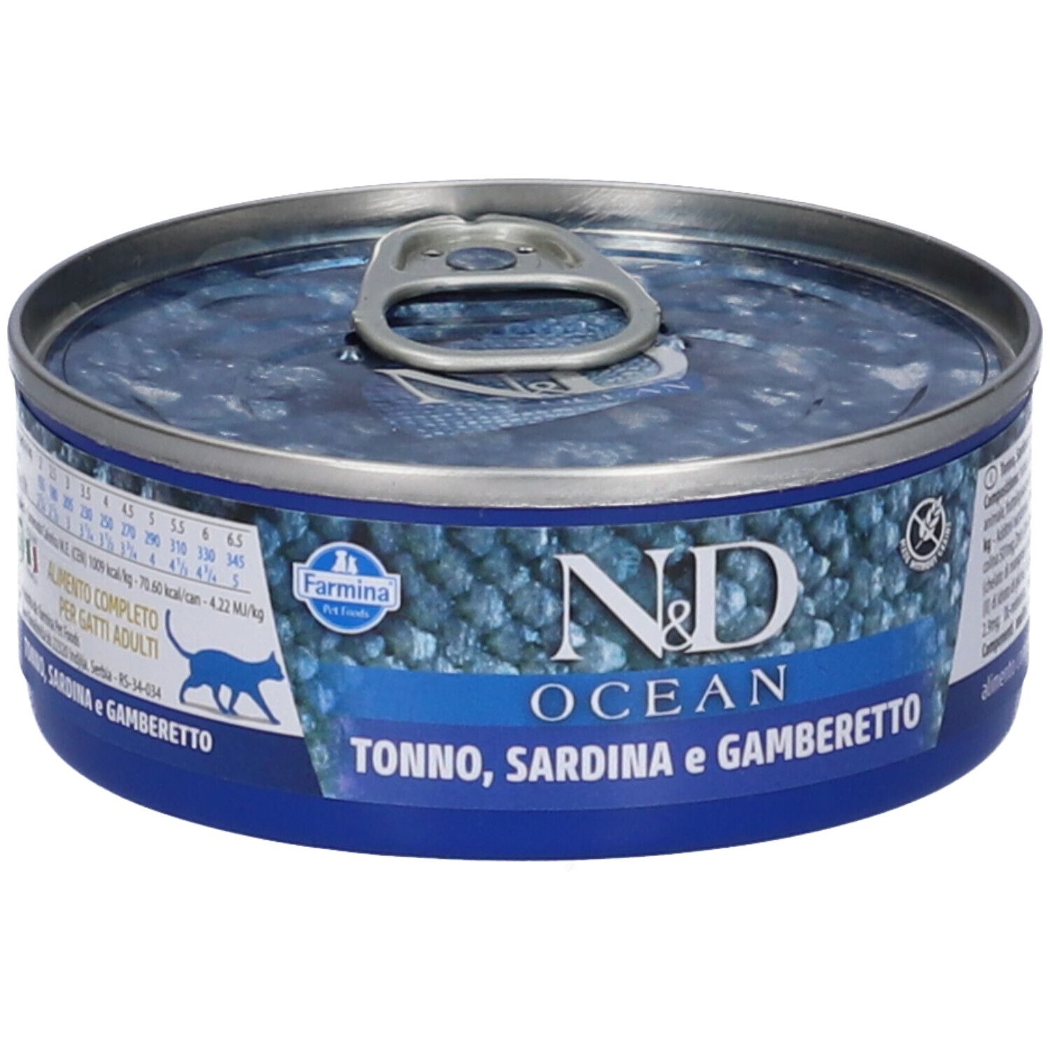 Lattina rotonda di cibo umido. Colori blu e argento. Scritta: N&D OCEAN, Tonno, Sardina e Gamberetto. Logo Farmina.