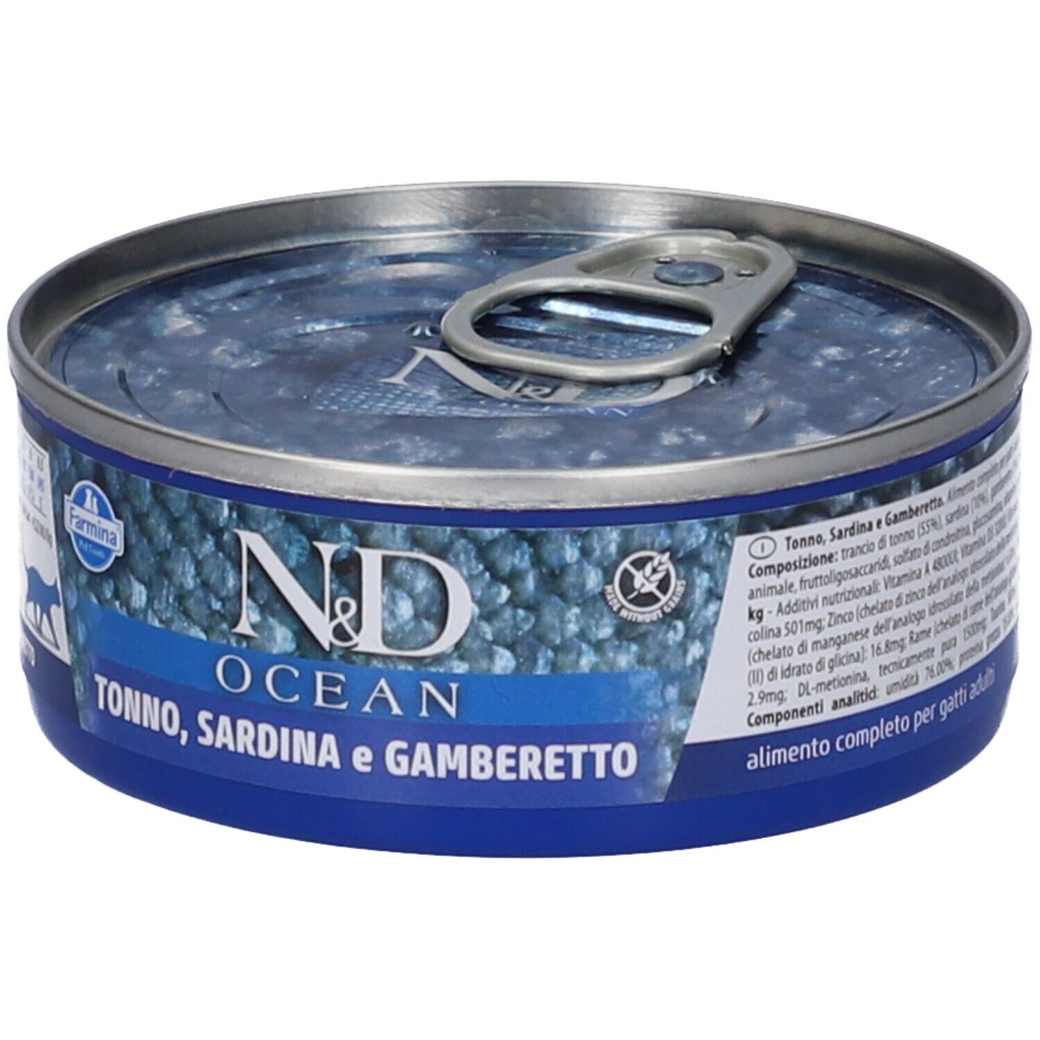 Lattina di cibo umido. Scritta: N&D OCEAN, Tonno, Sardina e Gamberetto. Logo Farmina. Testo e informazioni nutrizionali.