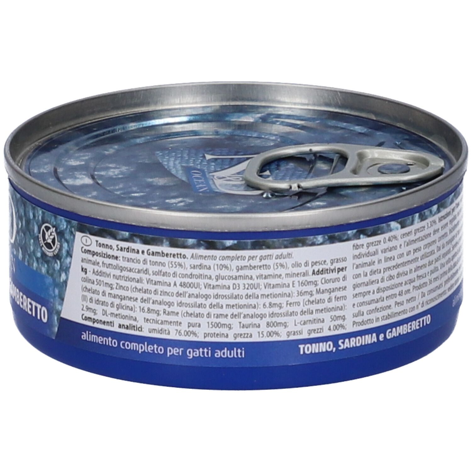 Lattina di cibo umido. Scritta: Tonno, Sardina e Gamberetto. Testo e informazioni nutrizionali. Logo Farmina. Testo: alimento completo per gatti adulti.