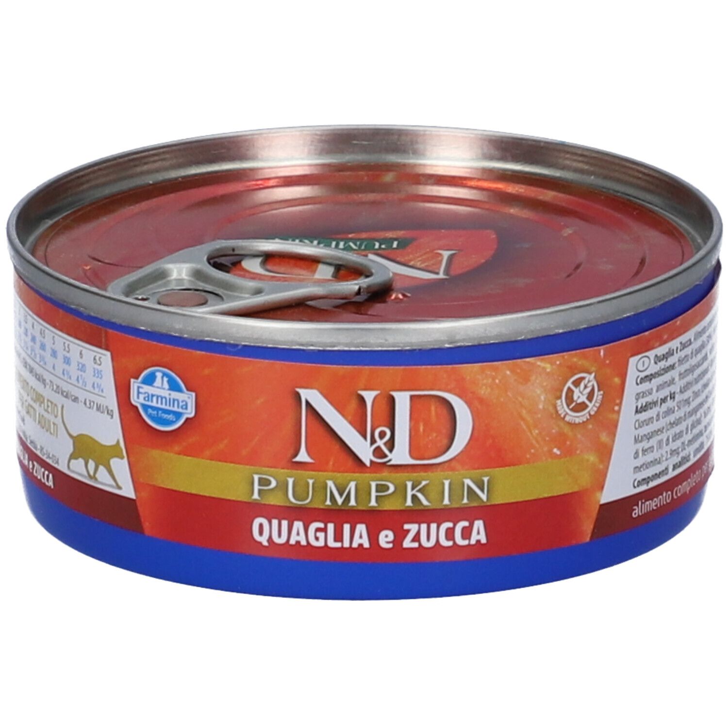 Lattina rotonda con contenuto rosso, bordo blu e coperchio argentato. Scritta: N&D Pumpkin, Quaglia e Zucca. Logo Farmina.