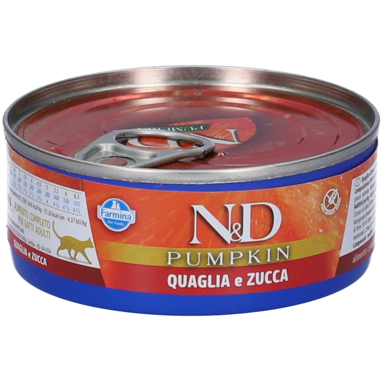 Lattina rotonda con contenuto rosso, bordo blu e coperchio argentato. Scritta: N&D Pumpkin, Quaglia e Zucca. Logo Farmina.