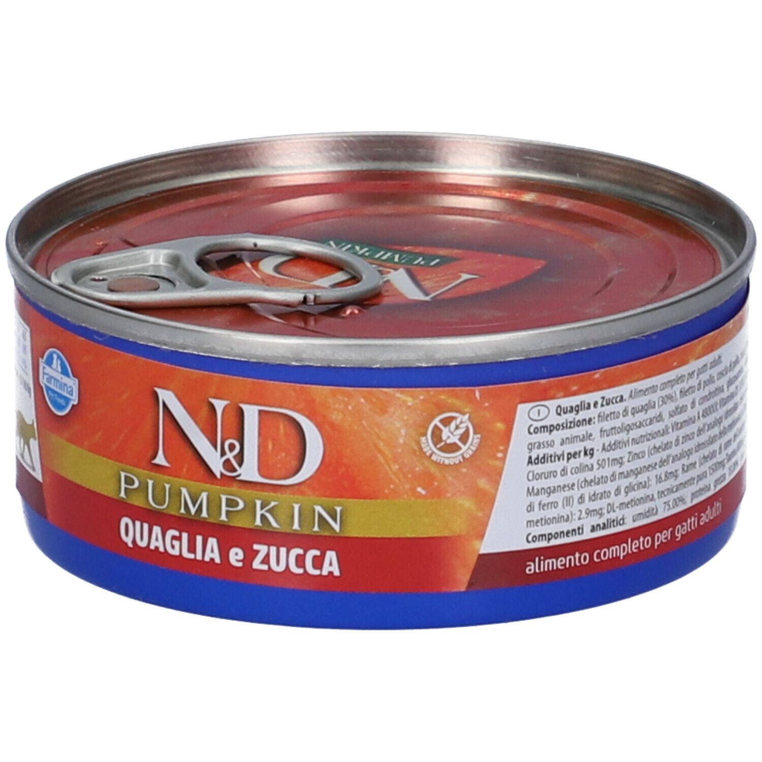 Lattina rotonda con contenuto rosso, bordo blu e coperchio argentato. Scritta: N&D Pumpkin, Quaglia e Zucca. Logo Farmina.