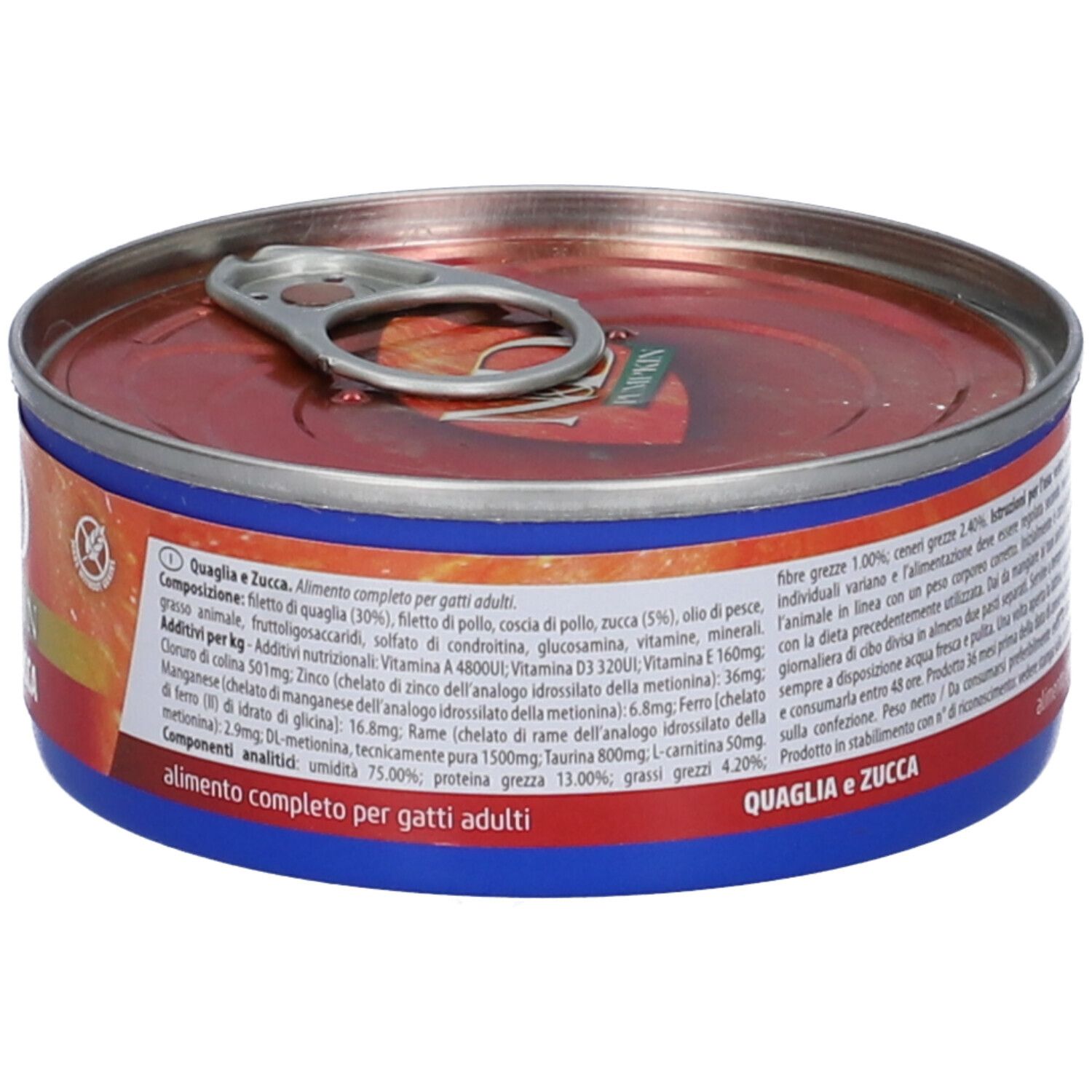 Lattina rotonda, retro con testo e informazioni nutrizionali. Scritta: Quaglia e Zucca, alimento completo per gatti adulti. Peso: 70g.