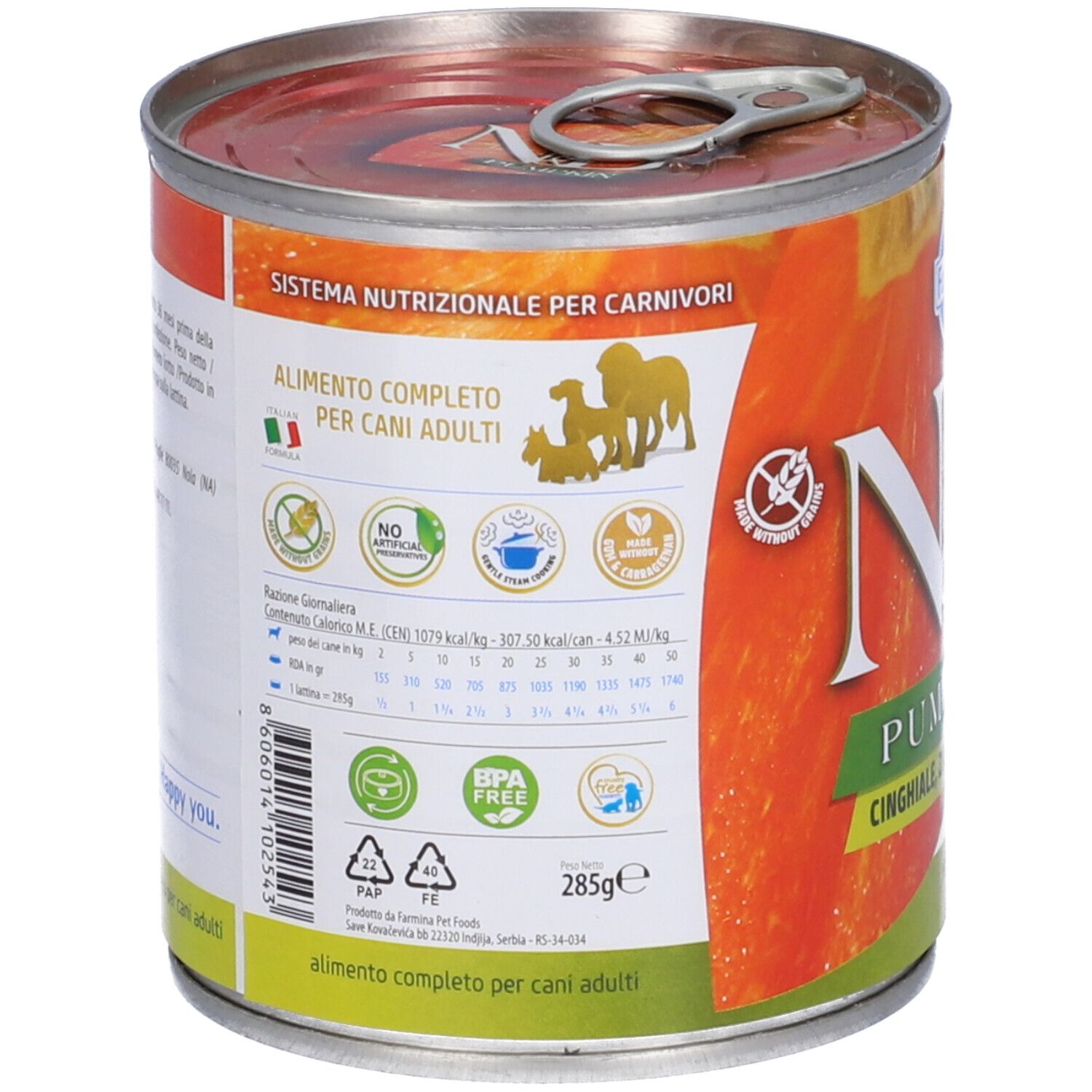 Retro della lattina di cibo per cani. Informazioni sugli ingredienti e valori nutrizionali. Con sigillo BPA-Free.