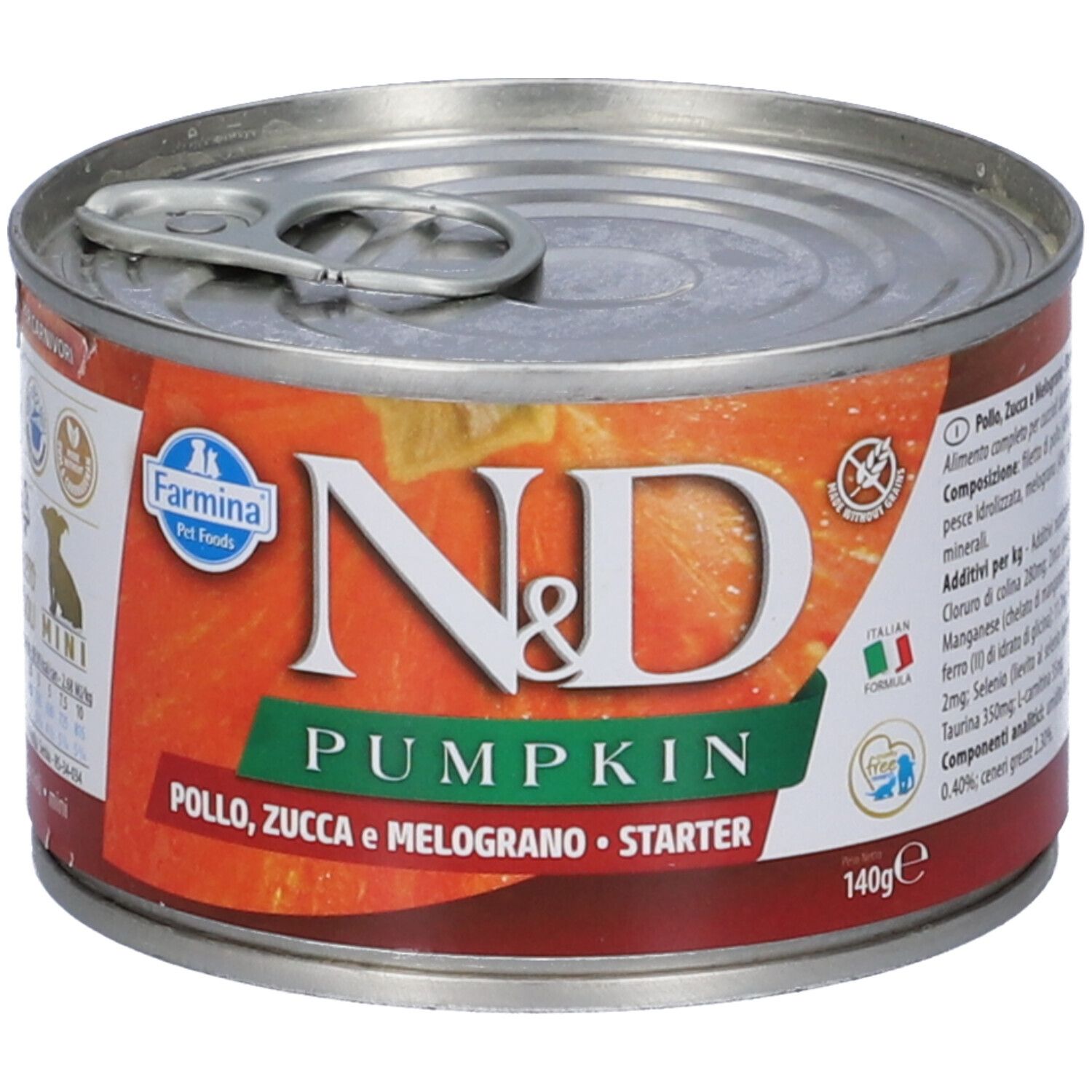 Lattina con etichetta. Scritta: N&D Pumpkin, Farmina, Pollo, Zucca e Melograno, Starter. 140g.