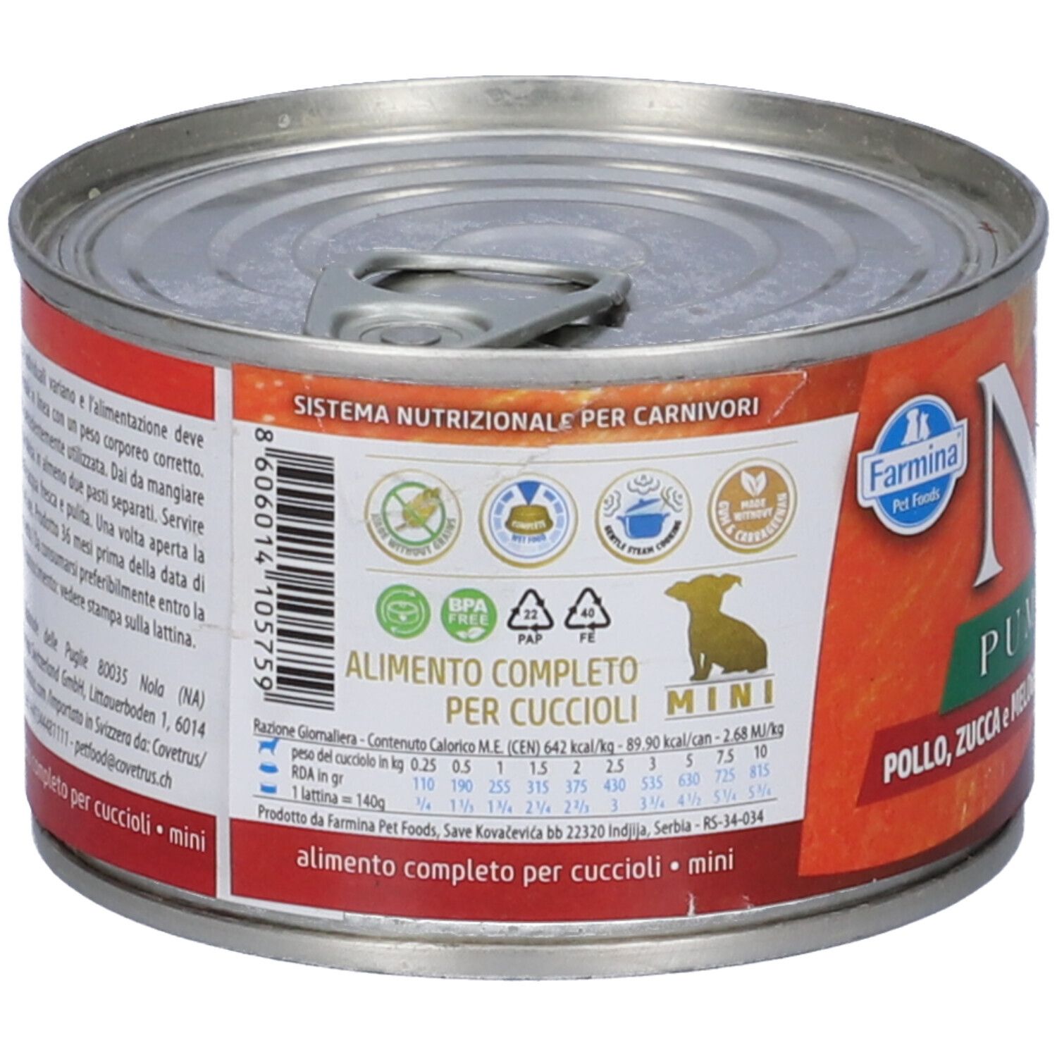 Retro di una lattina. Testo: Alimento completo per cuccioli mini. Farmina Pet Foods. Ingredienti e tabella nutrizionale.
