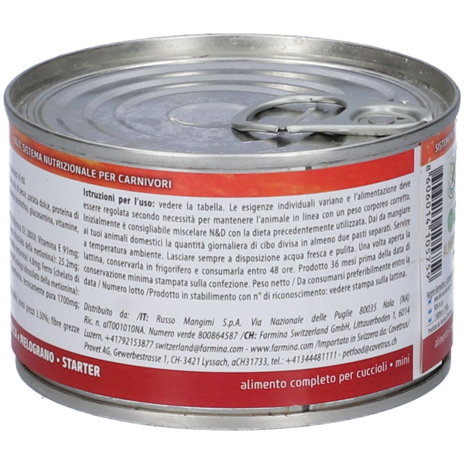 Retro di una lattina. Testo: Istruzioni per l'uso, ingredienti, informazioni nutrizionali. Farmina Pet Foods.