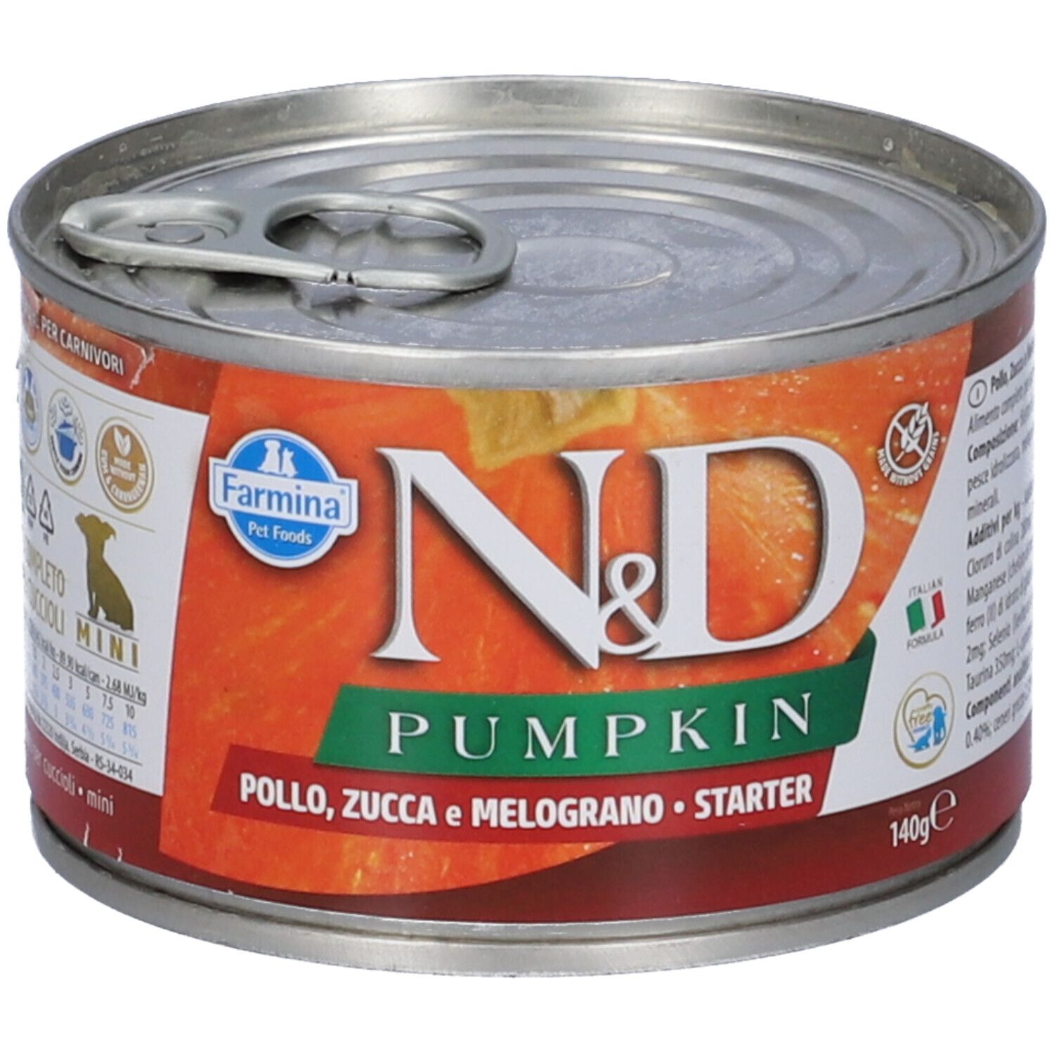 Lattina con etichetta. Scritta: N&D Pumpkin, Farmina, Pollo, Zucca e Melograno, Starter. 140g.