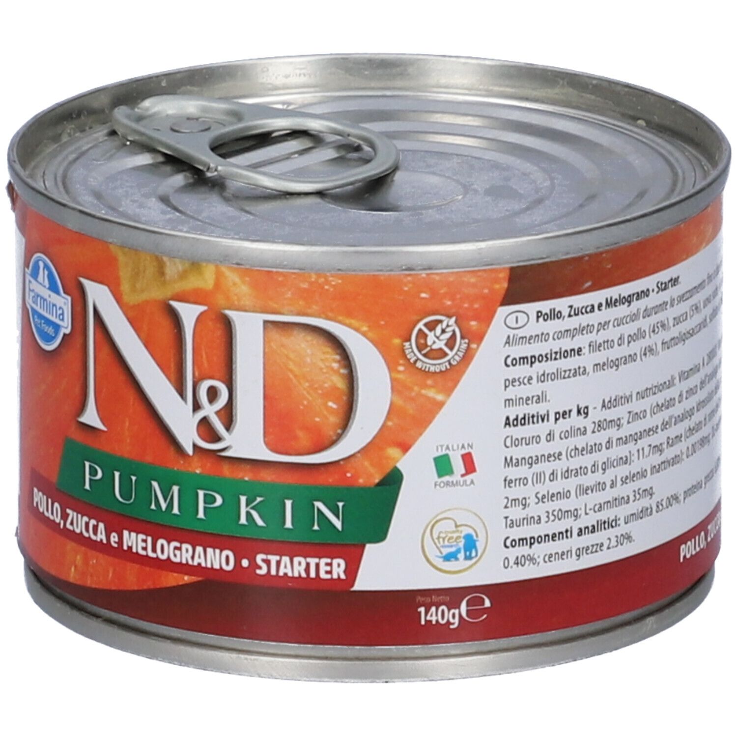Lattina con etichetta. Scritta: N&D Pumpkin, Farmina, Pollo, Zucca e Melograno, Starter. 140g. Italian Formula.