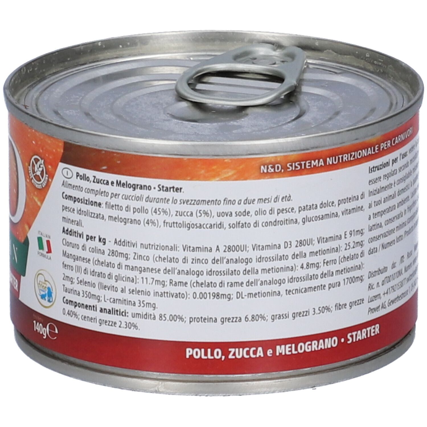 Retro di una lattina. Testo: N&D, Pollo, Zucca e Melograno, Starter. Ingredienti, informazioni nutrizionali. 140g.