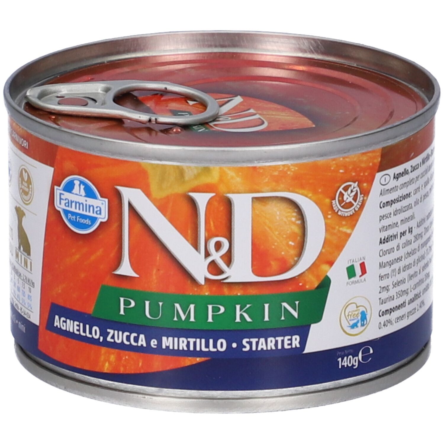 Lattina di cibo per cani con etichetta. Scritta: N&D Pumpkin, Agnelo, Zucca e Mirtillo. Mini Starter. 140g.