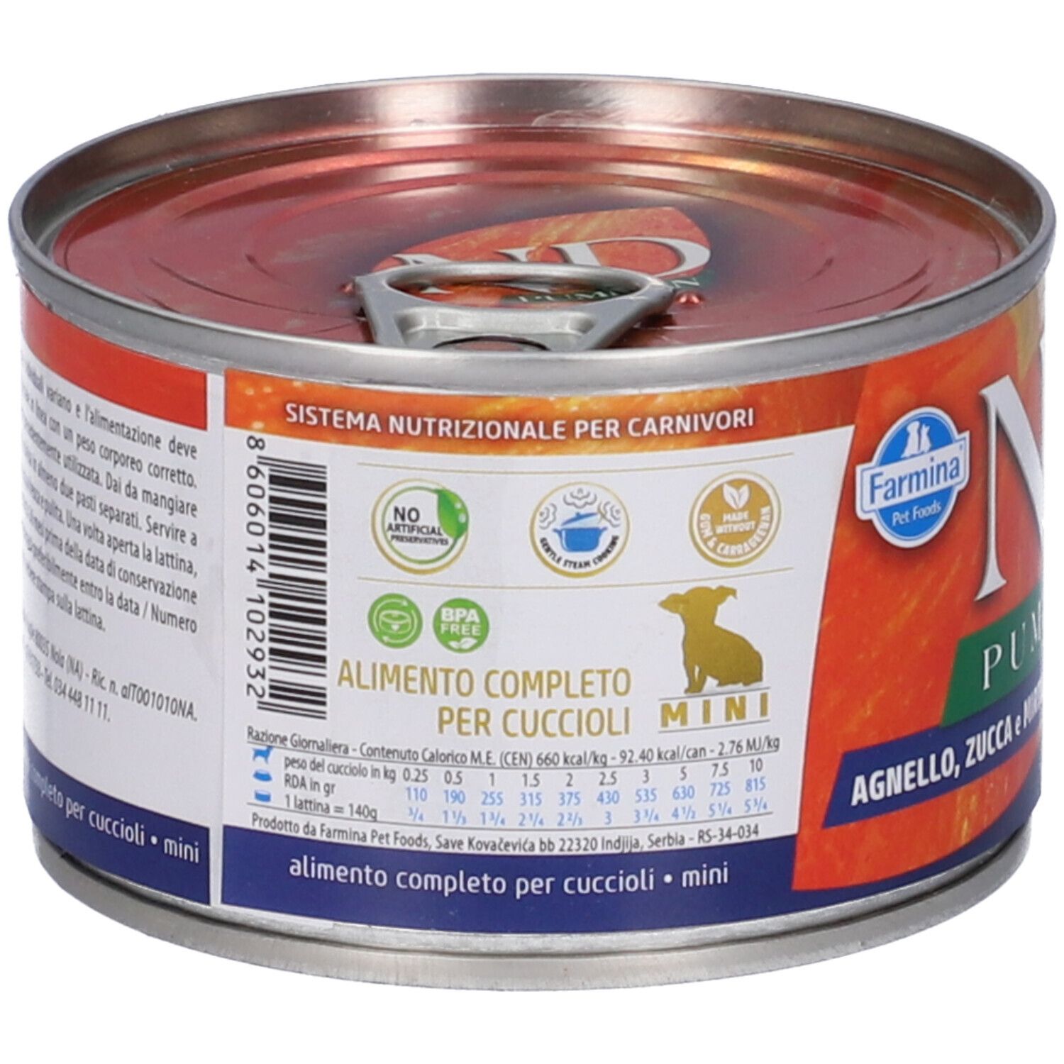 Lattina di cibo per cani con etichetta. Scritta: Alimento completo per cuccioli mini. Informazioni nutrizionali. 140g.