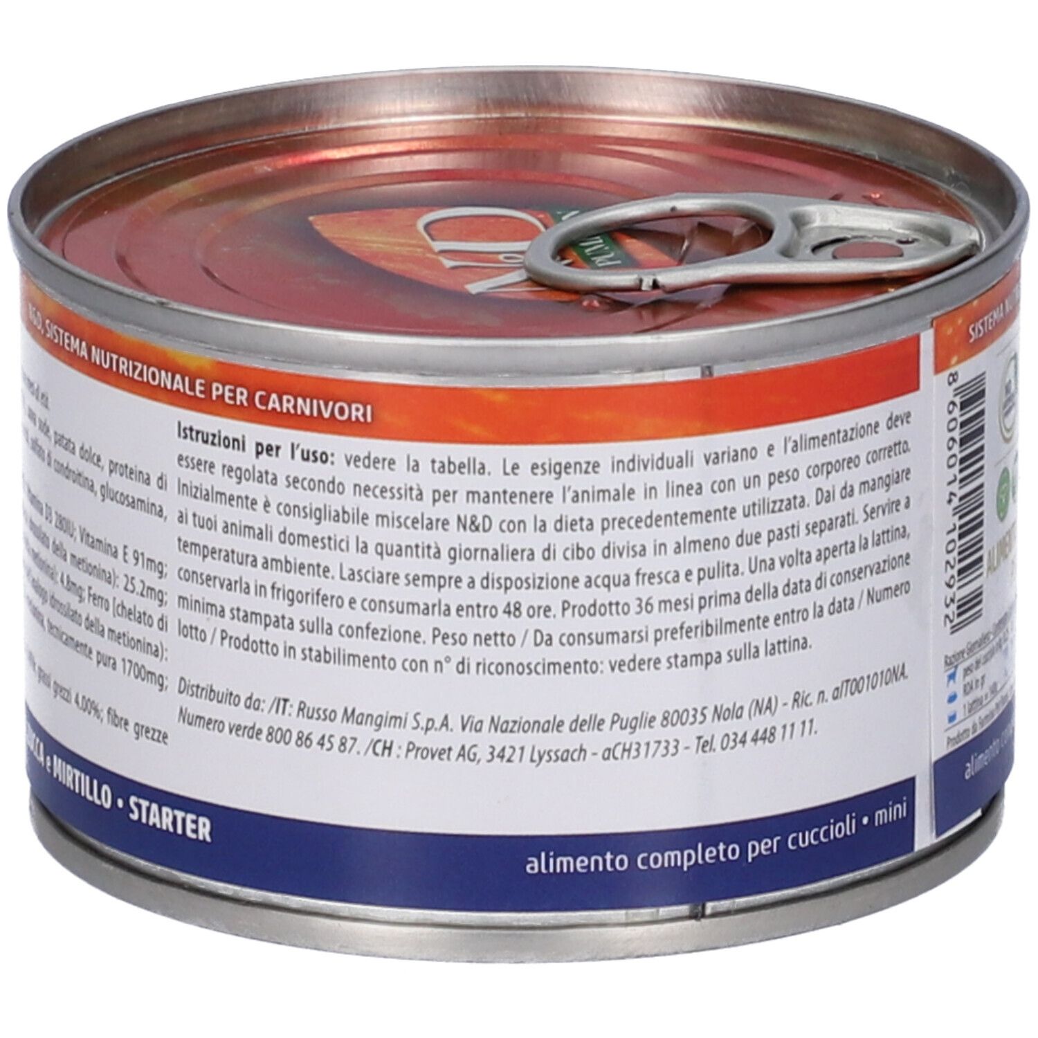 Lattina di cibo per cani con etichetta. Scritta: Istruzioni per l'uso. Informazioni nutrizionali. 140g.