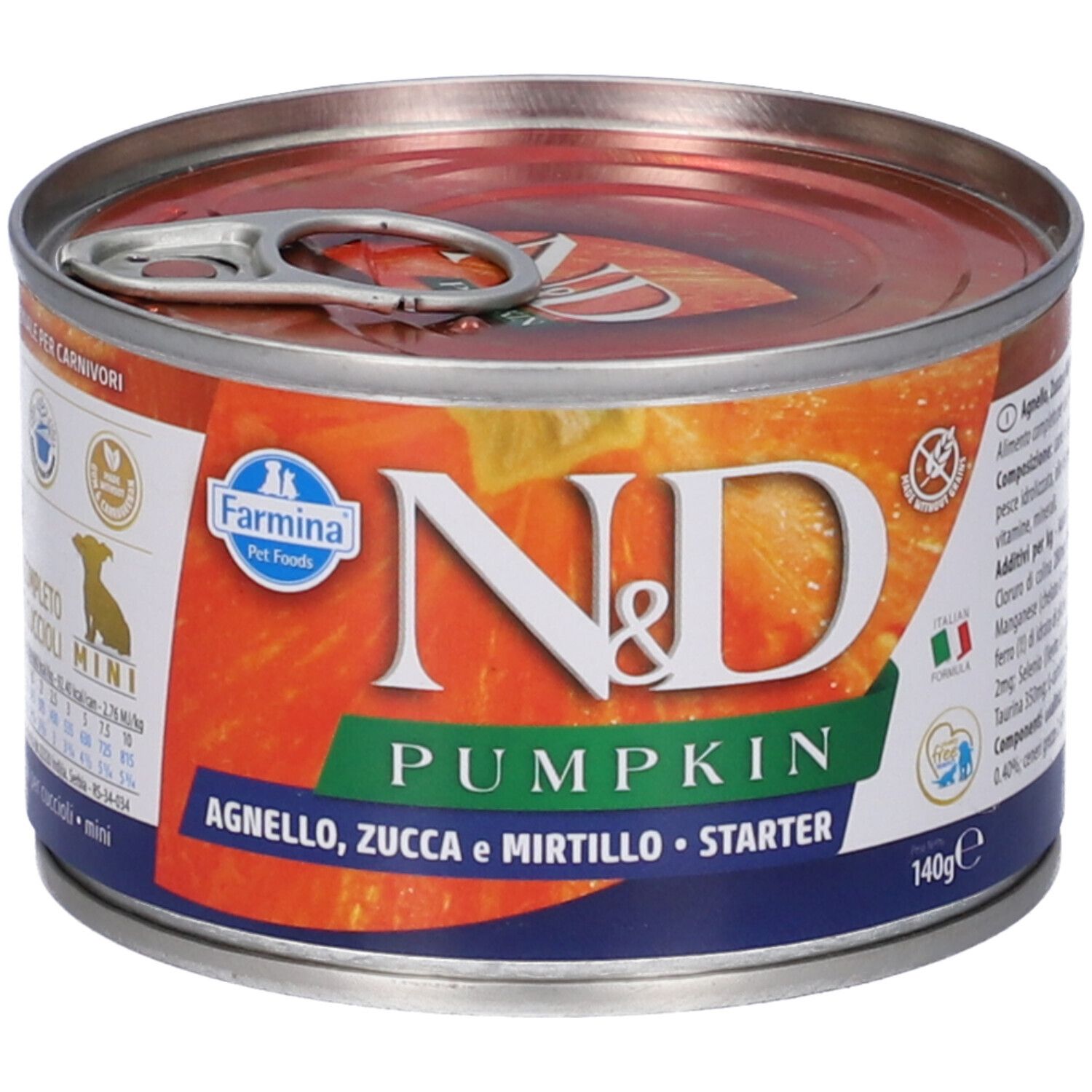 Lattina di cibo per cani con etichetta. Scritta: N&D Pumpkin, Agnelo, Zucca e Mirtillo. Mini Starter. 140g.