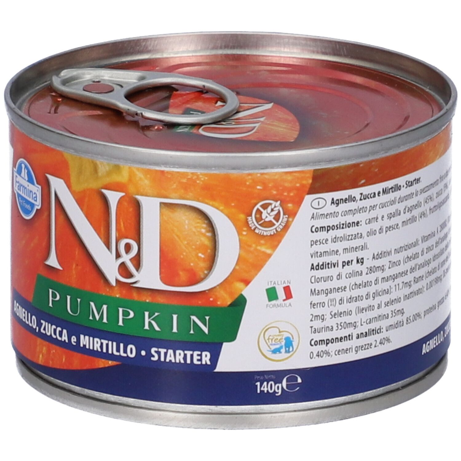 Lattina di cibo per cani con etichetta. Scritta: N&D Pumpkin, Agnelo, Zucca e Mirtillo. Mini Starter. 140g. Ingredienti.