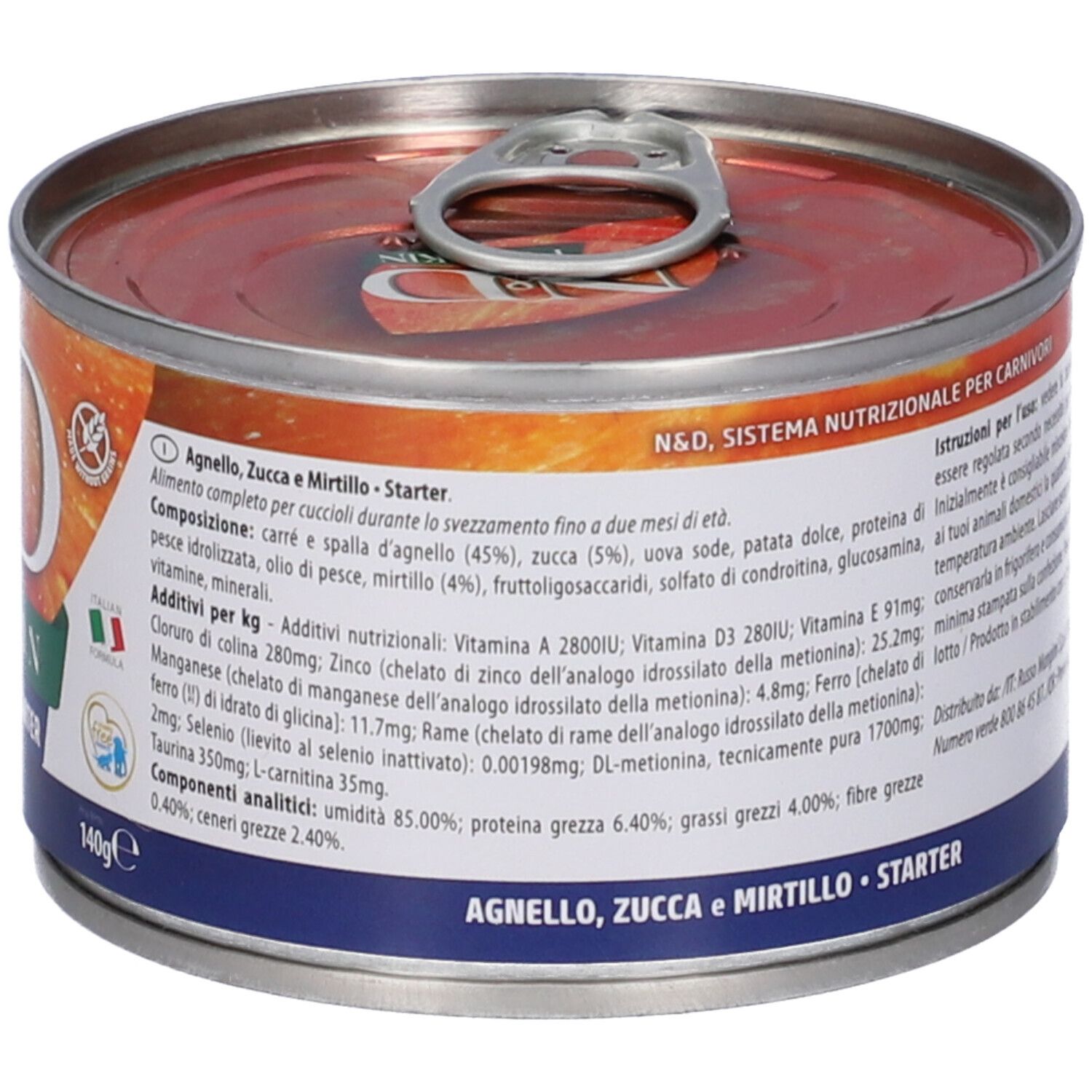 Lattina di cibo per cani con etichetta. Scritta: N&D Pumpkin, Agnelo, Zucca e Mirtillo. Mini Starter. 140g. Ingredienti.