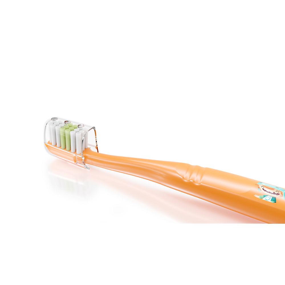 Spazzolino da denti arancione con cappuccio trasparente e setole colorate.