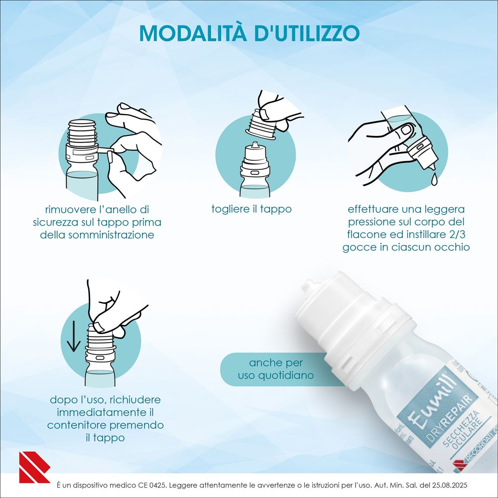 Utilizzo gocce oculari Eumill DRYREPAIR: apertura e dosaggio.