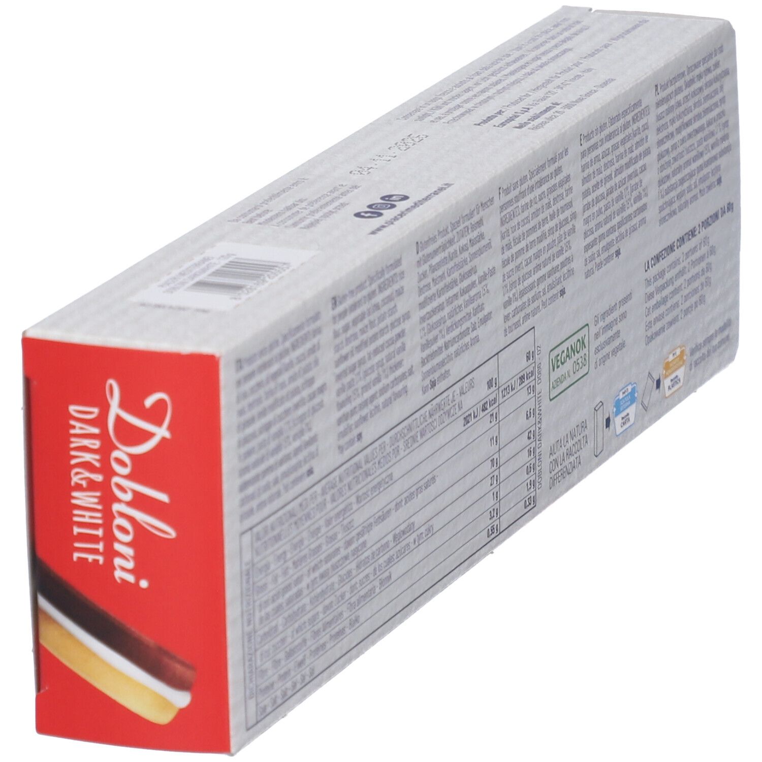 Vista obliqua della confezione Dobloni Dark & White Doppelkeks. Testo, informazioni nutrizionali e loghi su sfondo bianco.