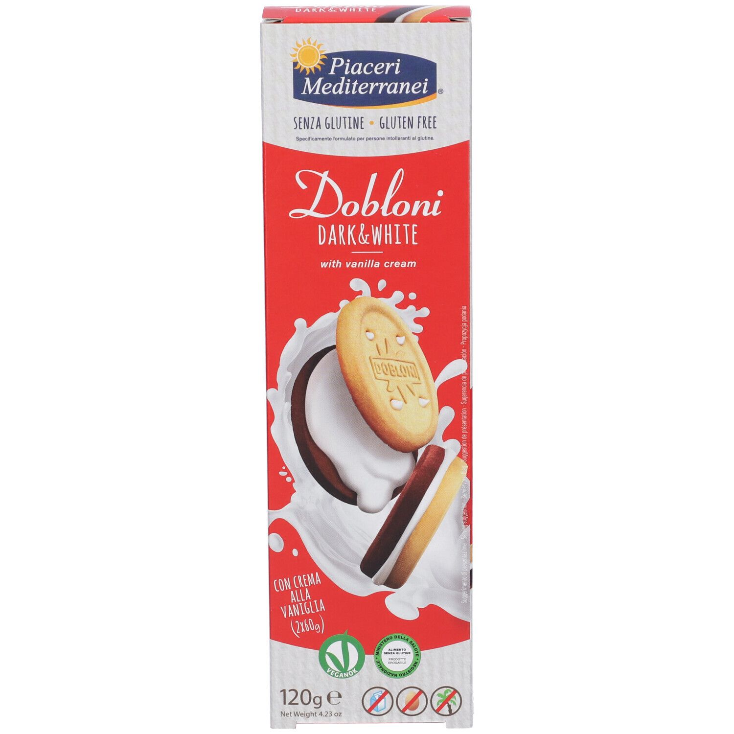 Confezione di Dobloni Dark & White Doppelkeks. Confezione rossa e bianca con immagine del prodotto e testo. Senza glutine.